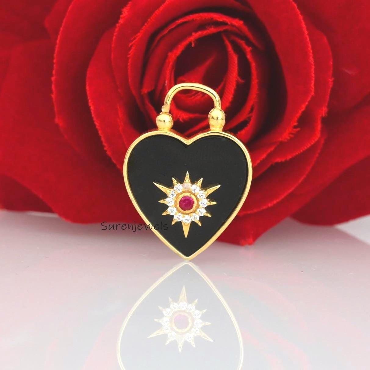 Lapis Heart Gemstone Pendant: Handmade Padlock Design - Suren Jewels | SKU: SJP3412-SLYGTQCZRUCZ-30M Lapis Heart Gemstone Pendant: Handmade Padlock Design - Suren Jewels | SKU: SJP3412-SLYGTQCZRUCZ-30M