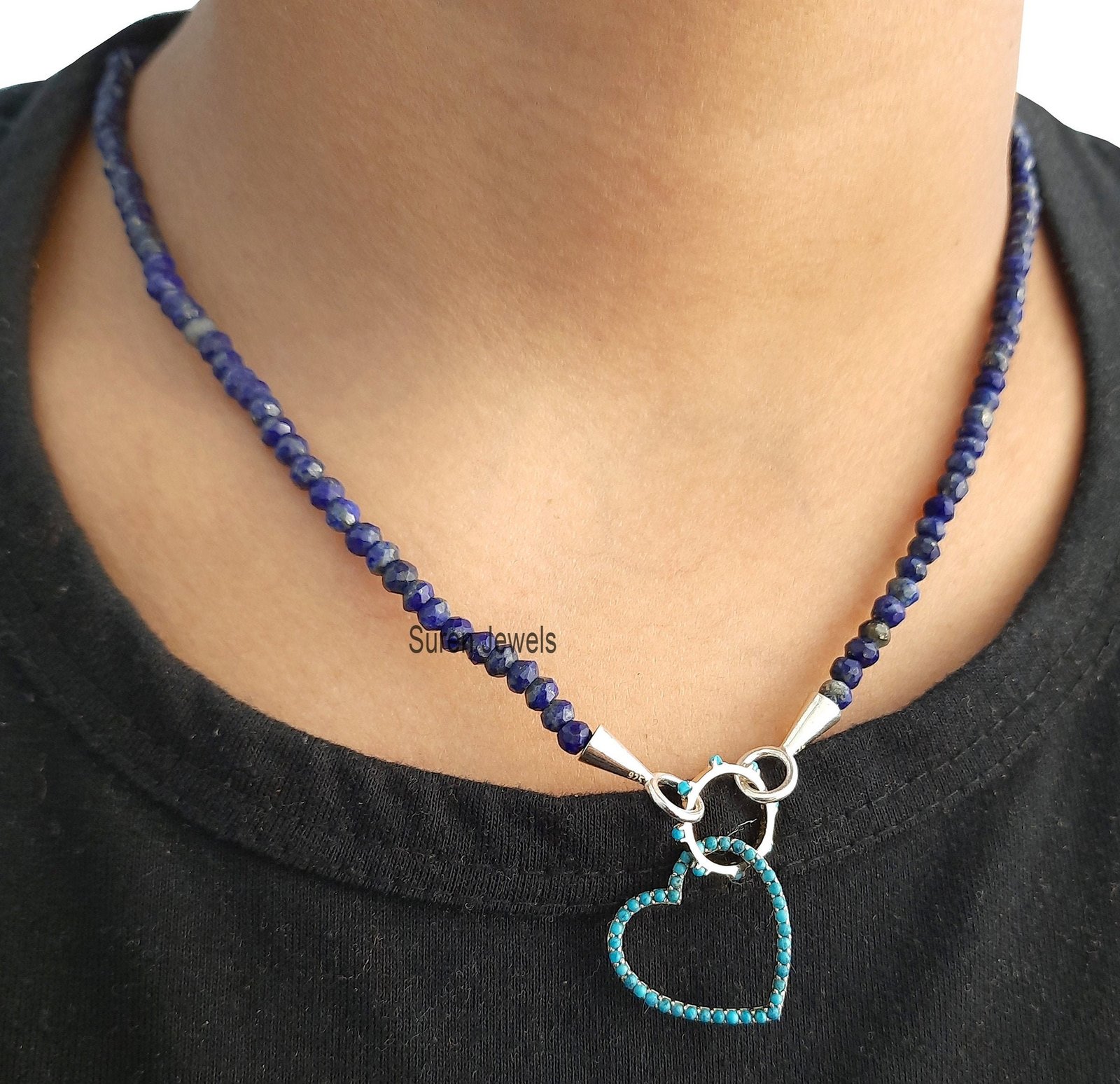 Lapis Lazuli Beaded Choker: Silver Charm Holder Necklace - Suren Jewels | SKU: SJN247-SLWGLPZ-18I Lapis Lazuli Beaded Choker: Silver Charm Holder Necklace - Suren Jewels | SKU: SJN247-SLWGLPZ-18I