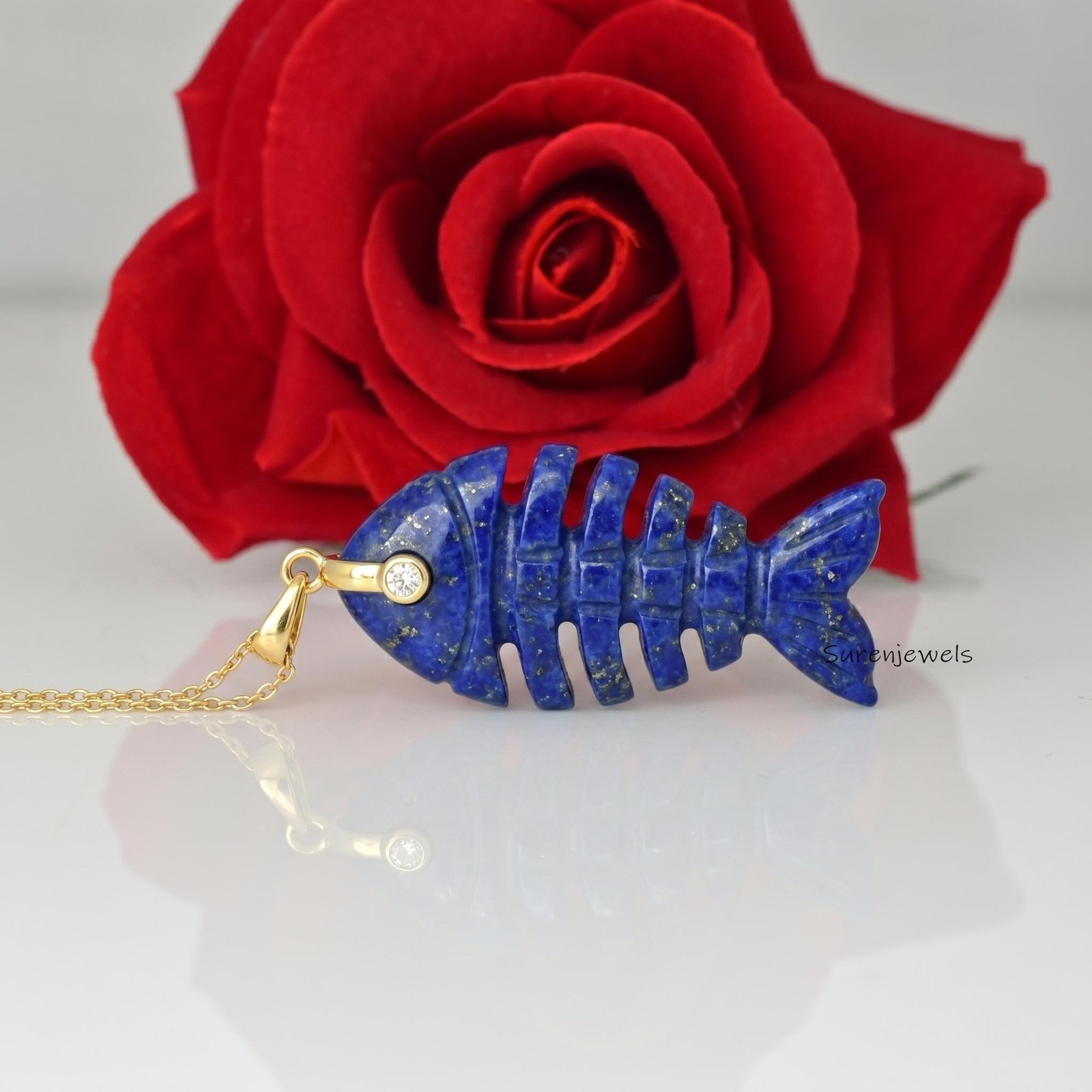 Lapis Lazuli Fish Skeleton Pendant, Gold Plated Fish Bone Necklace, Unique Gemstone Animal Jewelry, Gift for Ocean Lovers - S Lapis Lazuli Fish Skeleton Pendant, Gold Plated Fish Bone Necklace, Unique Gemstone Animal Jewelry, Gift for Ocean Lovers - S