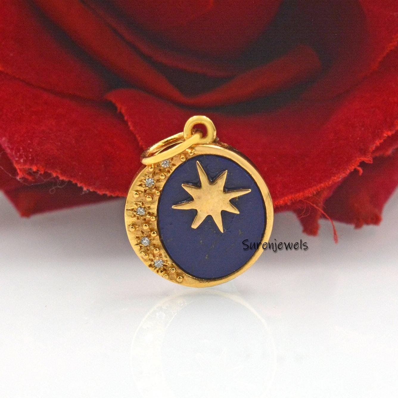Lapis Lazuli Star Moon 925 Silver Pendant: Moissanite Celestial Disc - Suren Jewels | SKU: SJP1296-SLYGDITQ-20M Lapis Lazuli Star Moon 925 Silver Pendant: Moissanite Celestial Disc - Suren Jewels | SKU: SJP1296-SLYGDITQ-20M