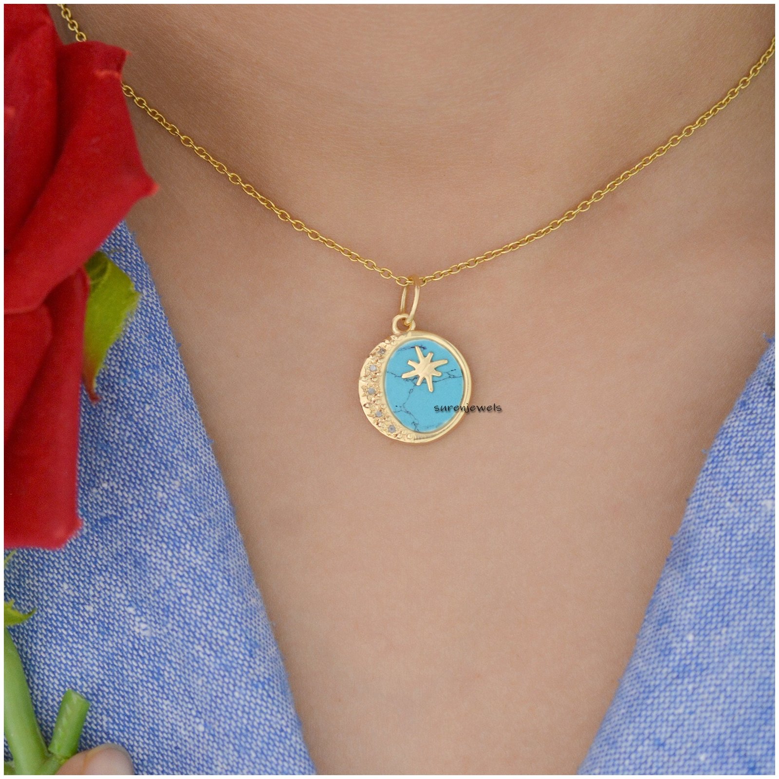 Lapis Lazuli Star Moon 925 Silver Pendant: Moissanite Celestial Disc - View 3 - Suren Jewels | SKU: SJP1296-SLYGDITQ-20M Lapis Lazuli Star Moon 925 Silver Pendant: Moissanite Celestial Disc - View 3 - Suren Jewels | SKU: SJP1296-SLYGDITQ-20M