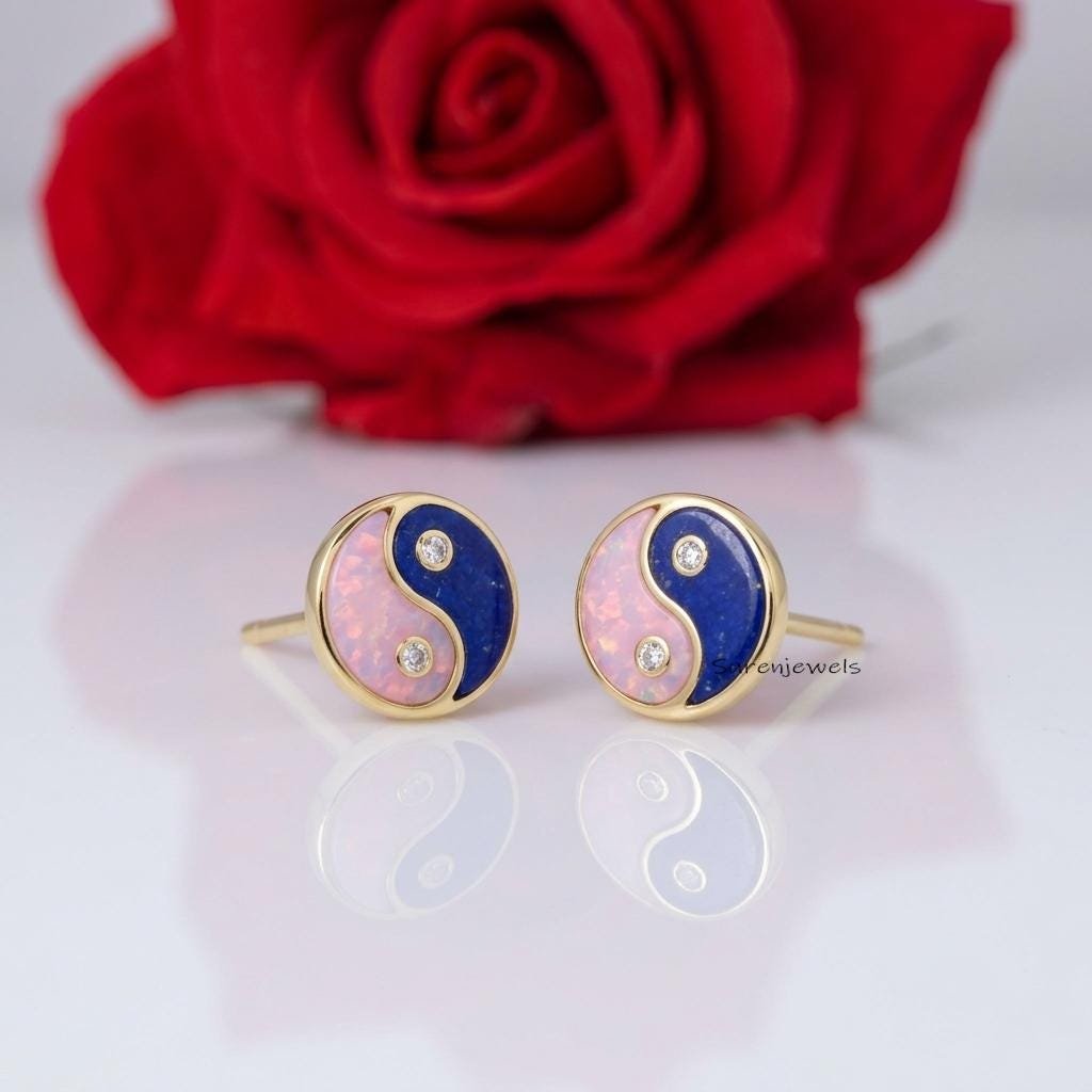 Lapis & Pink Opal Yin Yang Studs, Yin Yang Studs, Spiritual Yin Yang Jewelry, Chinese Symbol Studs, Gemstone Yin Yang, Design Lapis & Pink Opal Yin Yang Studs, Yin Yang Studs, Spiritual Yin Yang Jewelry, Chinese Symbol Studs, Gemstone Yin Yang, Design