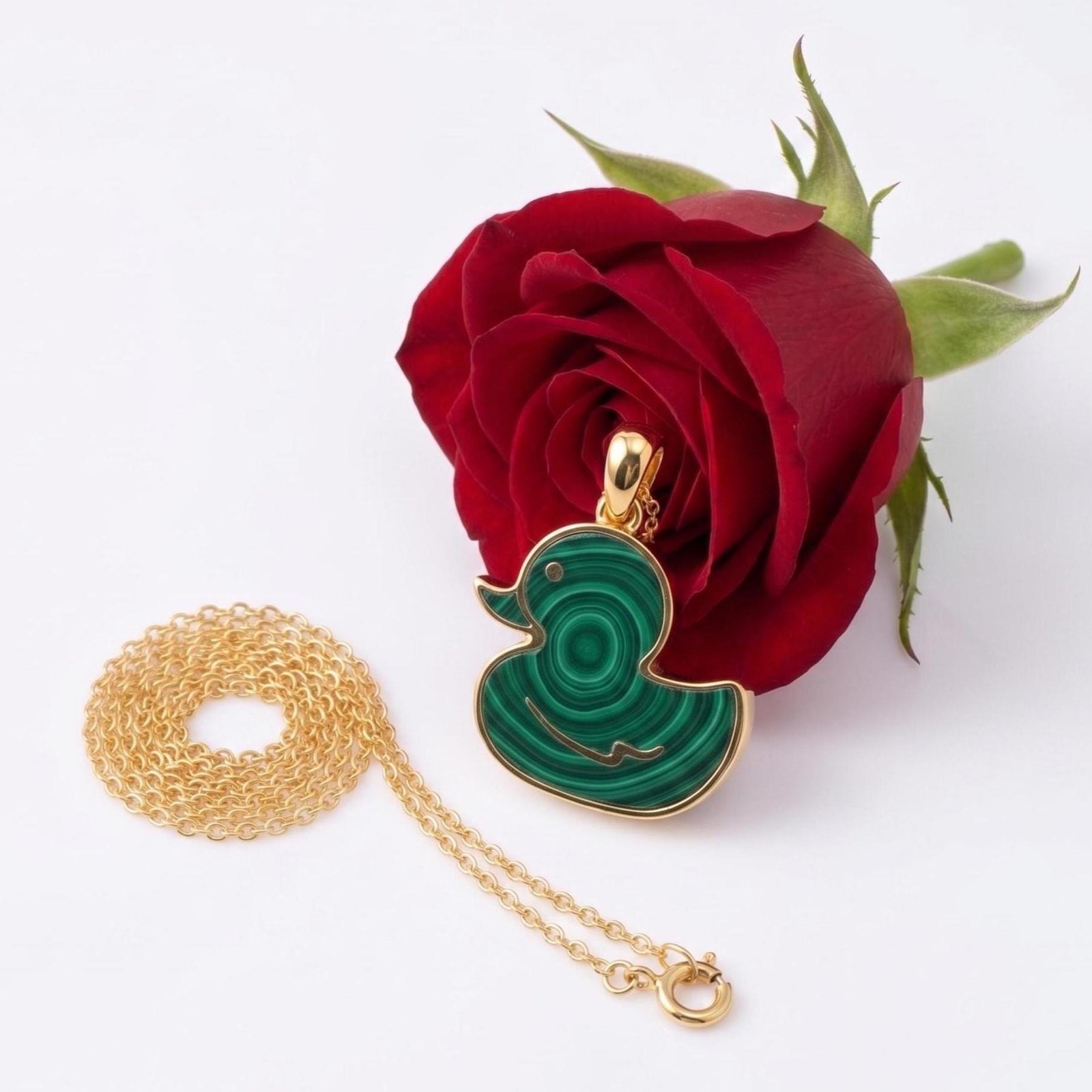 Malachite Rubber Duck Necklace, Gold Plated Duck Pendant, Unique Green Gemstone Jewelry, Whimsical Animal Necklace, Cute Duck Malachite Rubber Duck Necklace, Gold Plated Duck Pendant, Unique Green Gemstone Jewelry, Whimsical Animal Necklace, Cute Duck