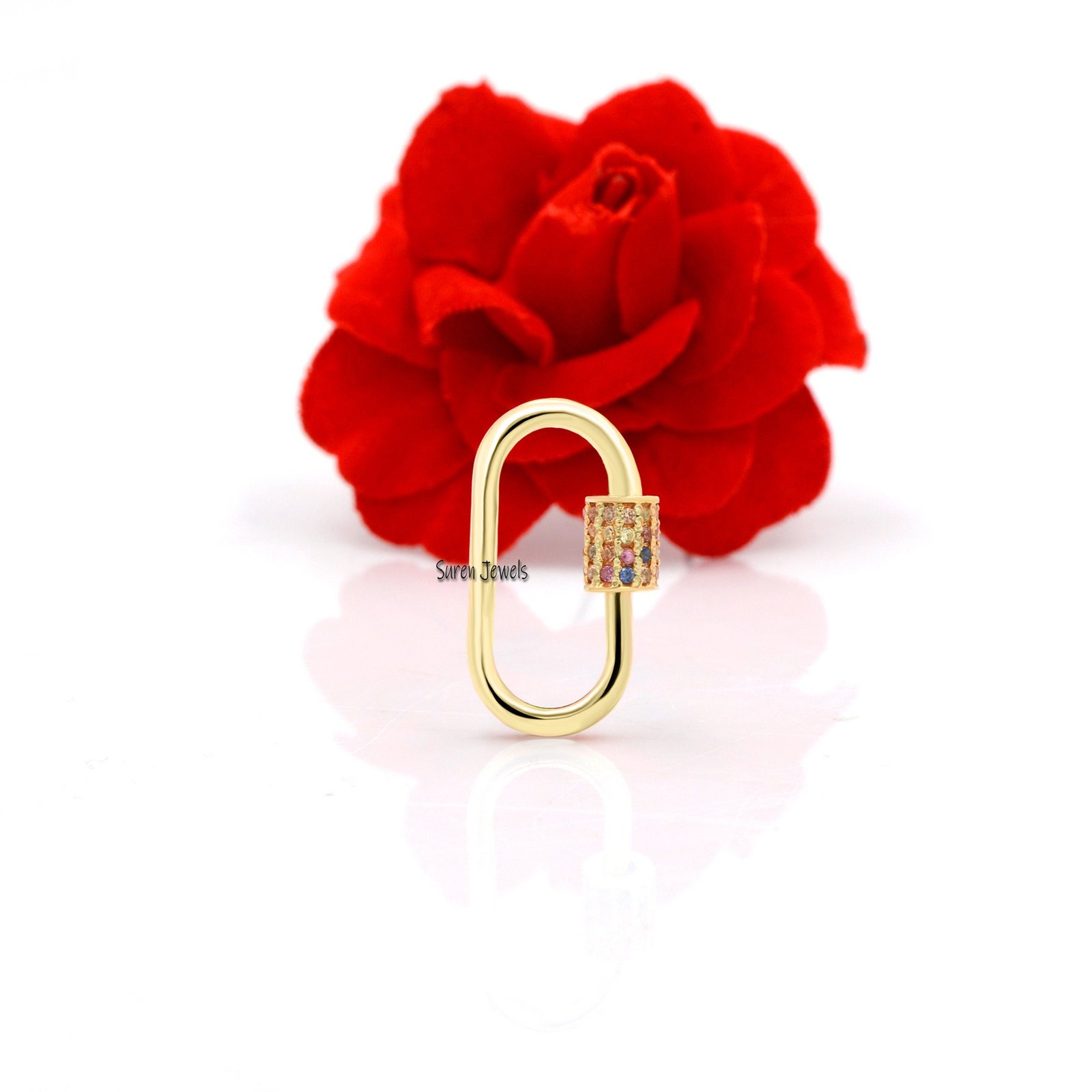 Multi Sapphire Gemstone Carabiner Link: Screw Lock Necklace Connector - View 2 - Suren Jewels | SKU: SJC132-SLYGMT-18M-925 Multi Sapphire Gemstone Carabiner Link: Screw Lock Necklace Connector - View 2 - Suren Jewels | SKU: SJC132-SLYGMT-18M-925