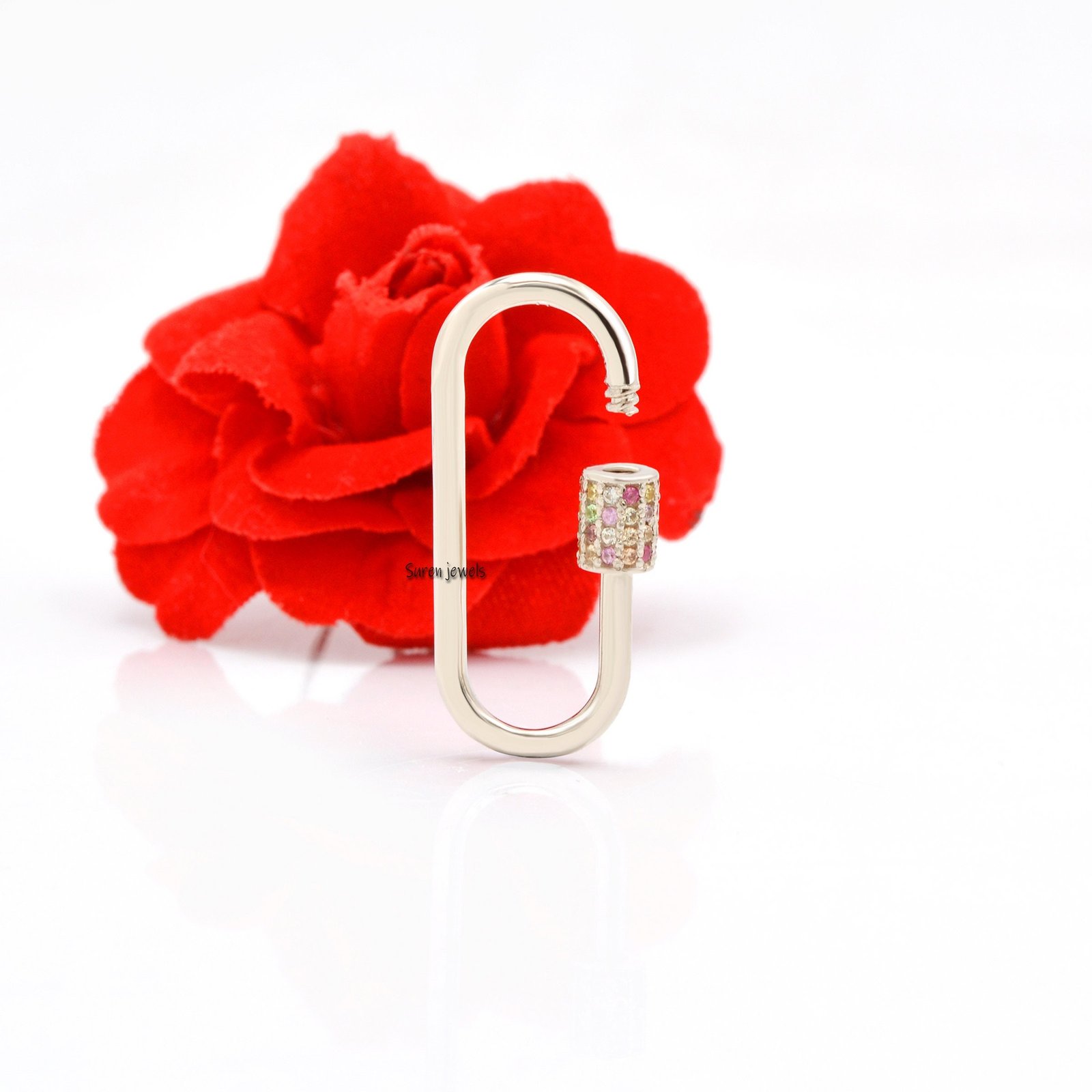 Multi Sapphire Gemstone Carabiner Link: Screw Lock Necklace Connector - View 3 - Suren Jewels | SKU: SJC132-SLYGMT-18M-925 Multi Sapphire Gemstone Carabiner Link: Screw Lock Necklace Connector - View 3 - Suren Jewels | SKU: SJC132-SLYGMT-18M-925
