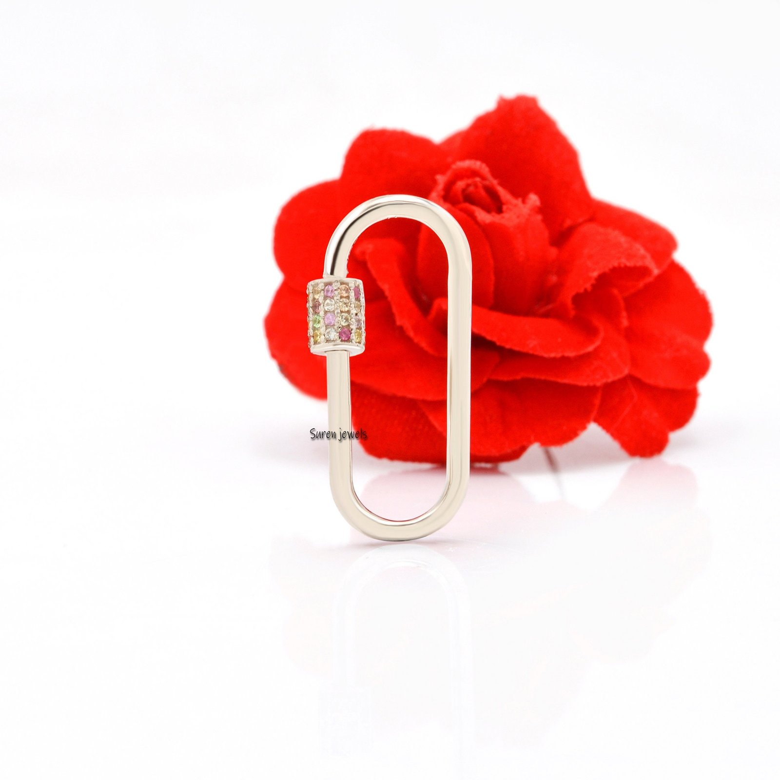 Multi Sapphire Gemstone Carabiner Link: Screw Lock Necklace Connector - View 4 - Suren Jewels | SKU: SJC132-SLYGMT-18M-925 Multi Sapphire Gemstone Carabiner Link: Screw Lock Necklace Connector - View 4 - Suren Jewels | SKU: SJC132-SLYGMT-18M-925