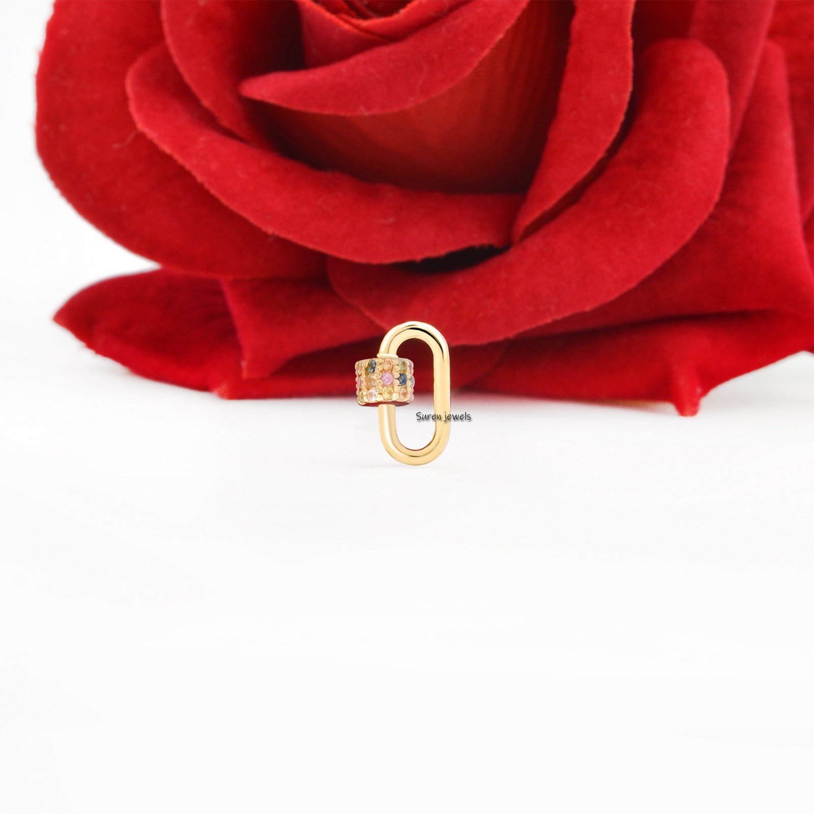 Multi Sapphire Gemstone Carabiner Link: Screw Lock Necklace Connector - View 6 - Suren Jewels | SKU: SJC132-SLYGMT-18M-925 Multi Sapphire Gemstone Carabiner Link: Screw Lock Necklace Connector - View 6 - Suren Jewels | SKU: SJC132-SLYGMT-18M-925