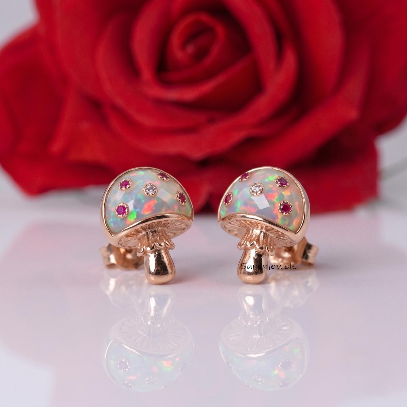 Opal Mushroom Stud Earrings, Tiny Mushroom Jewelry, Gemstone Mushroom Studs, Nature Inspired Gold Earrings, Gift for Her - Su Opal Mushroom Stud Earrings, Tiny Mushroom Jewelry, Gemstone Mushroom Studs, Nature Inspired Gold Earrings, Gift for Her - Su