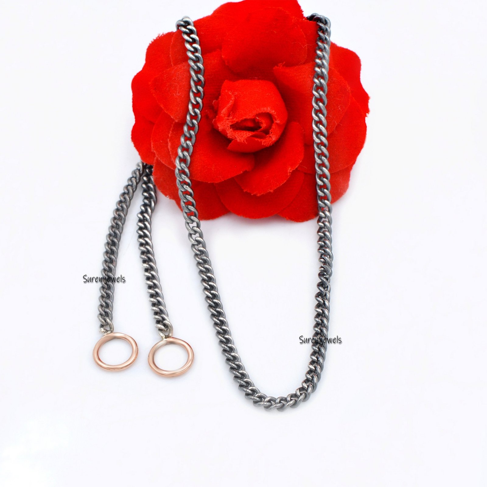 Oxidized Sterling Silver Curb Chain: Carabiner Lock Necklace - Suren Jewels | SKU: G17-SLOXYG-26I Oxidized Sterling Silver Curb Chain: Carabiner Lock Necklace - Suren Jewels | SKU: G17-SLOXYG-26I
