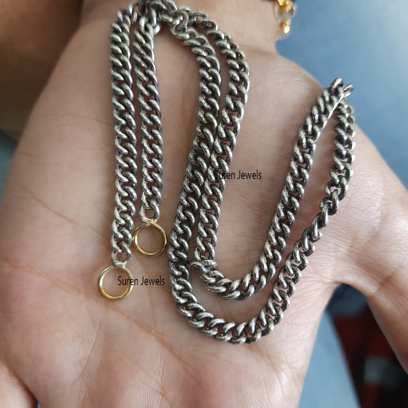 Oxidized Sterling Silver Curb Chain: Handmade Carabiner Link Necklace - Suren Jewels | SKU: SJN22/G17-SLOXYG-5M-14I Oxidized Sterling Silver Curb Chain: Handmade Carabiner Link Necklace - Suren Jewels | SKU: SJN22/G17-SLOXYG-5M-14I