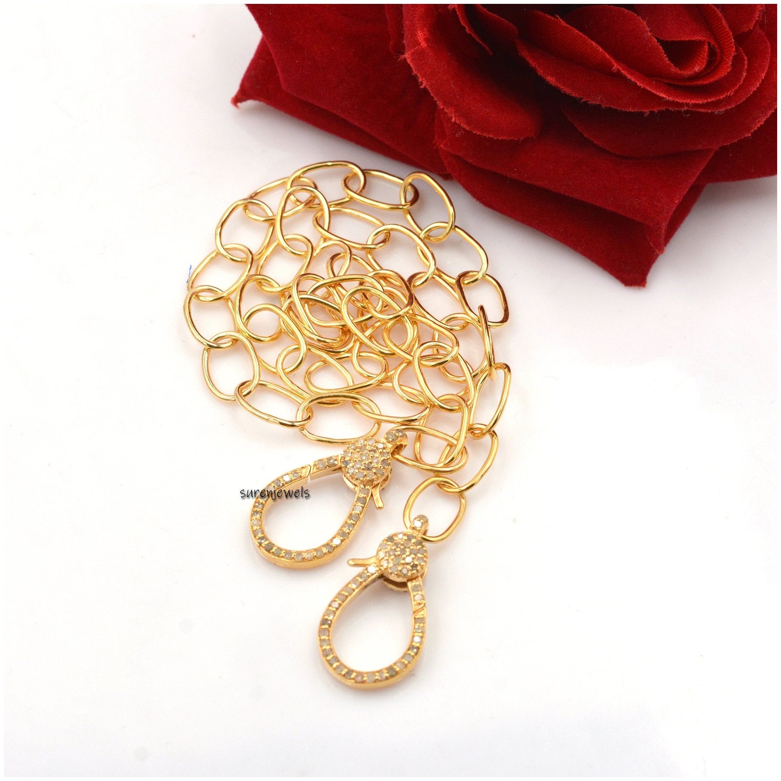 Pave Diamond Lobster Clasp Necklace: Gold Plated 925 Sterling Silver - Suren Jewels | SKU: SJN23/ G7-SLRH-11M-18I-F06-2Q Pave Diamond Lobster Clasp Necklace: Gold Plated 925 Sterling Silver - Suren Jewels | SKU: SJN23/ G7-SLRH-11M-18I-F06-2Q