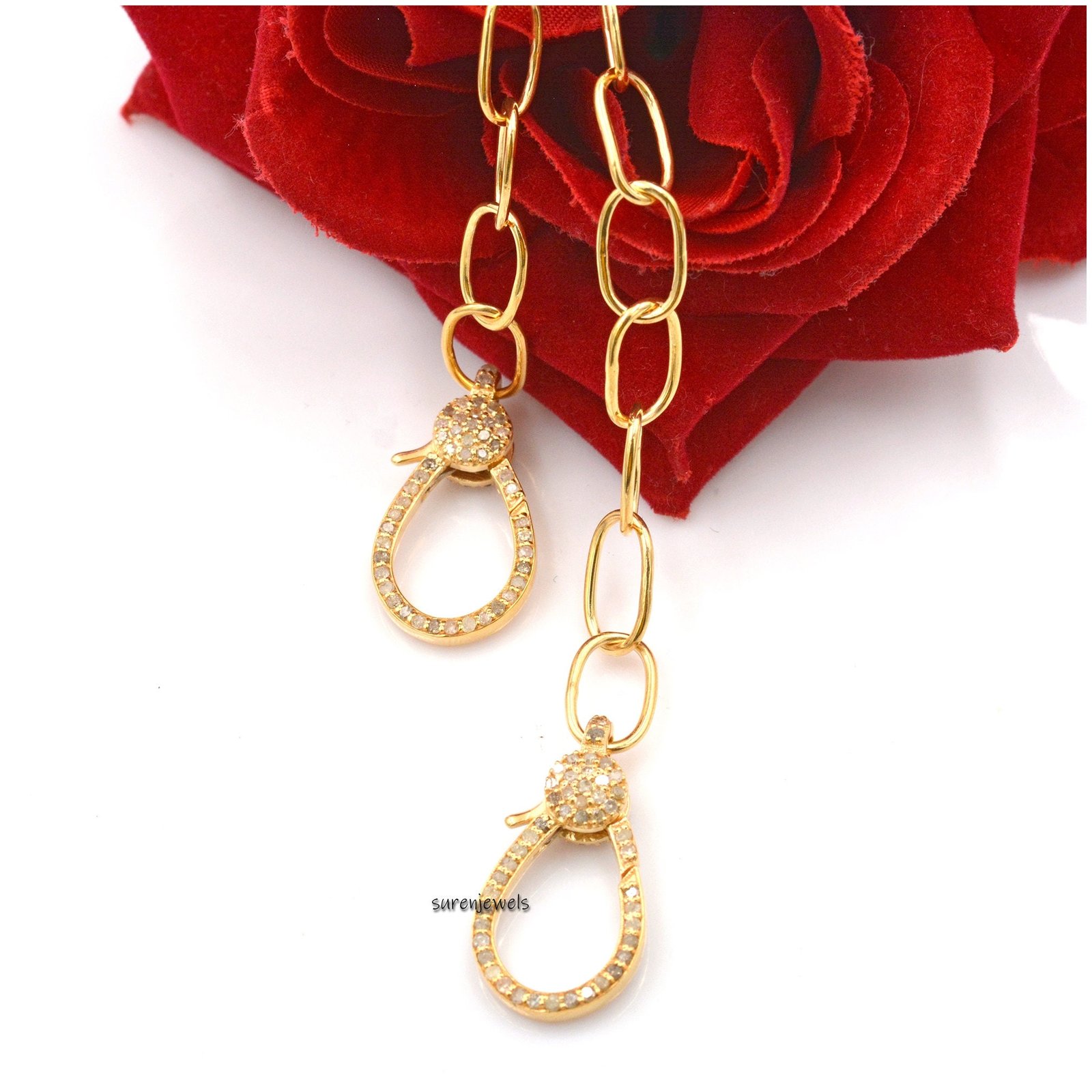 Pave Diamond Lobster Clasp Necklace: Gold Plated 925 Sterling Silver - View 2 - Suren Jewels | SKU: SJN23/ G7-SLRH-11M-18I-F0 Pave Diamond Lobster Clasp Necklace: Gold Plated 925 Sterling Silver - View 2 - Suren Jewels | SKU: SJN23/ G7-SLRH-11M-18I-F0