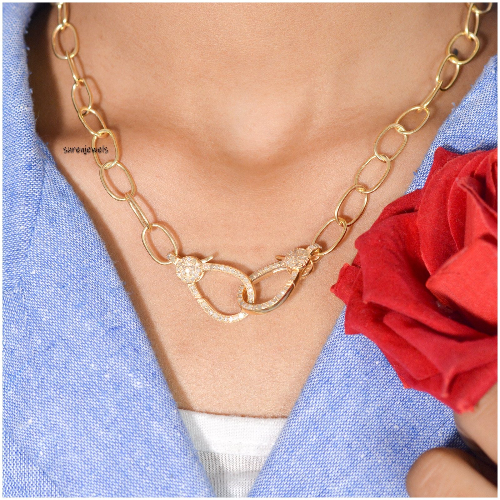 Pave Diamond Lobster Clasp Necklace: Gold Plated 925 Sterling Silver - View 4 - Suren Jewels | SKU: SJN23/ G7-SLRH-11M-18I-F0 Pave Diamond Lobster Clasp Necklace: Gold Plated 925 Sterling Silver - View 4 - Suren Jewels | SKU: SJN23/ G7-SLRH-11M-18I-F0