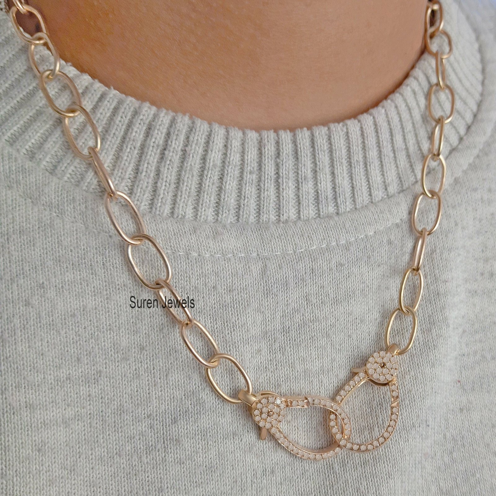 Pave Diamond Lobster Clasp Necklace: Gold Plated 925 Sterling Silver - View 5 - Suren Jewels | SKU: SJN23/ G7-SLRH-11M-18I-F0 Pave Diamond Lobster Clasp Necklace: Gold Plated 925 Sterling Silver - View 5 - Suren Jewels | SKU: SJN23/ G7-SLRH-11M-18I-F0