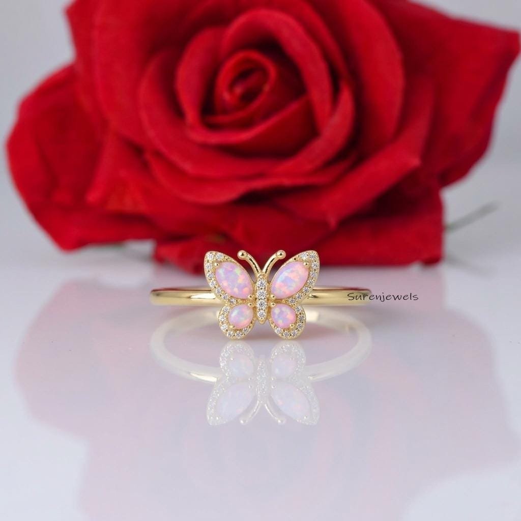 Pink Opal Butterfly Ring, 14K Gold Plated Butterfly Ring, Delicate Insect Jewelry, Nature Inspired Ring, Promise Ring for Her Pink Opal Butterfly Ring, 14K Gold Plated Butterfly Ring, Delicate Insect Jewelry, Nature Inspired Ring, Promise Ring for Her