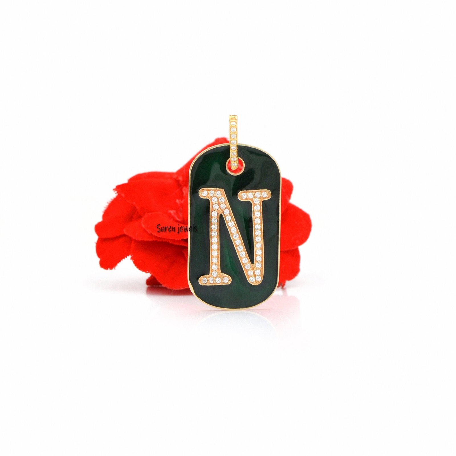 Diamond Enamel Letter Pendant: Silver Dog Tag Monogram - Suren Jewels | SKU: SJP163-SLYGCZELG