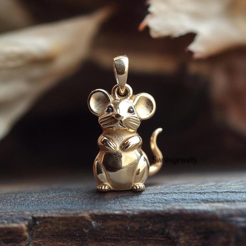 Solid 14k Gold Mouse Pendant: Designer Animal Jewelry - View 2 - Suren Jewels | SKU: SJP4321-SLNSBS-20M,SJP4873-SLYG-20M,SJP4 Solid 14k Gold Mouse Pendant: Designer Animal Jewelry - View 2 - Suren Jewels | SKU: SJP4321-SLNSBS-20M,SJP4873-SLYG-20M,SJP4
