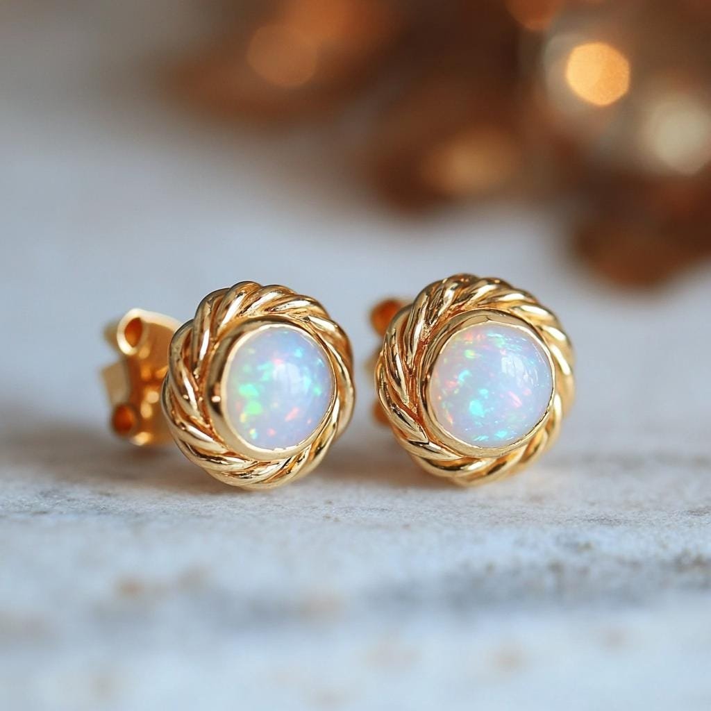Solid 14K Gold Opal Round Studs Earrings Bezel Setting Stud Earrings - Suren Jewels | SKU: SJE2003- Solid 14K Gold Opal Round Studs Earrings Bezel Setting Stud Earrings - Suren Jewels | SKU: SJE2003-