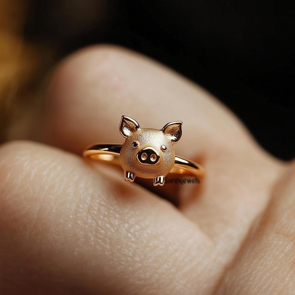Solid 14k Gold Pig Face Ring - Handmade Animal Jewelry - Suren Jewels | SKU: SJR2896-SLWG-US-7,SJR2924-SLNS-US-6 Solid 14k Gold Pig Face Ring - Handmade Animal Jewelry - Suren Jewels | SKU: SJR2896-SLWG-US-7,SJR2924-SLNS-US-6