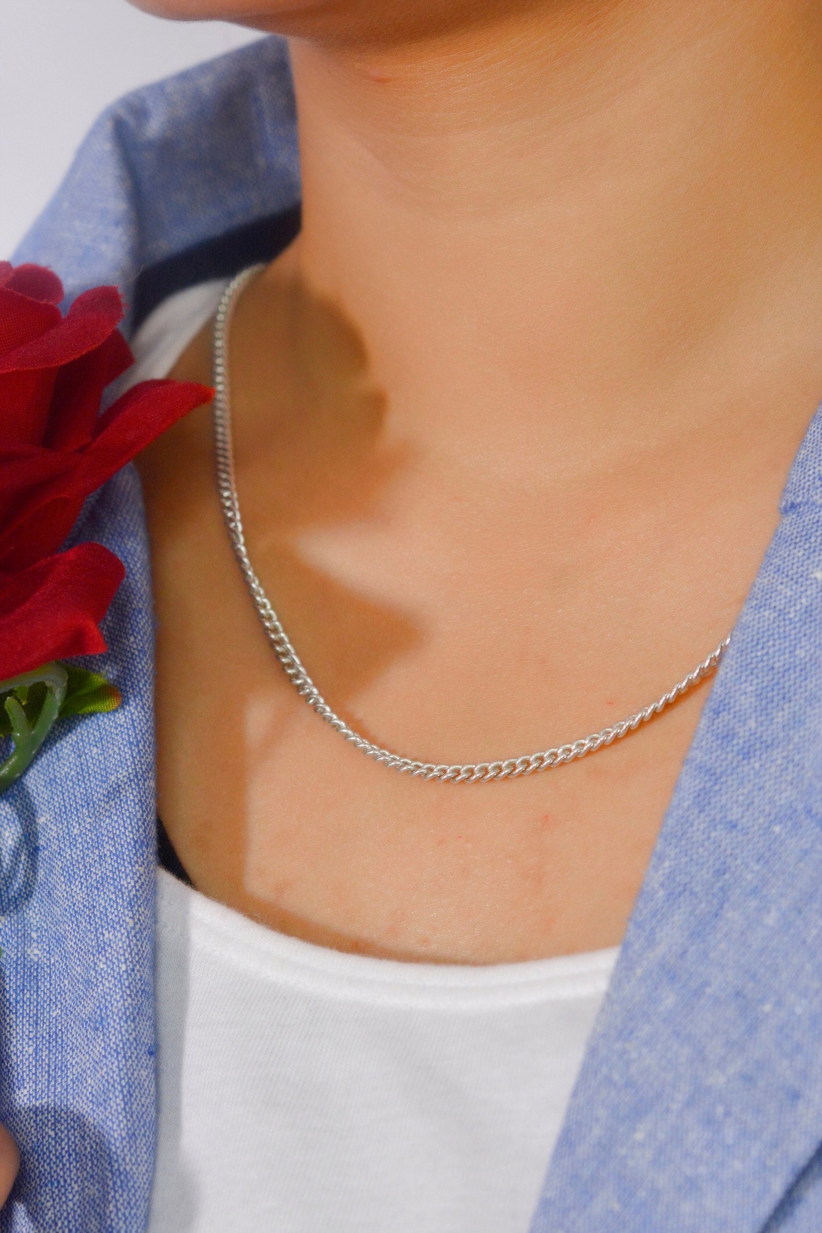 Sterling Silver 3mm Curb Chain Necklace: Carabiner Lock Jewelry - View 4 - Suren Jewels | SKU: SJN234/G17-SLOX Sterling Silver 3mm Curb Chain Necklace: Carabiner Lock Jewelry - View 4 - Suren Jewels | SKU: SJN234/G17-SLOX