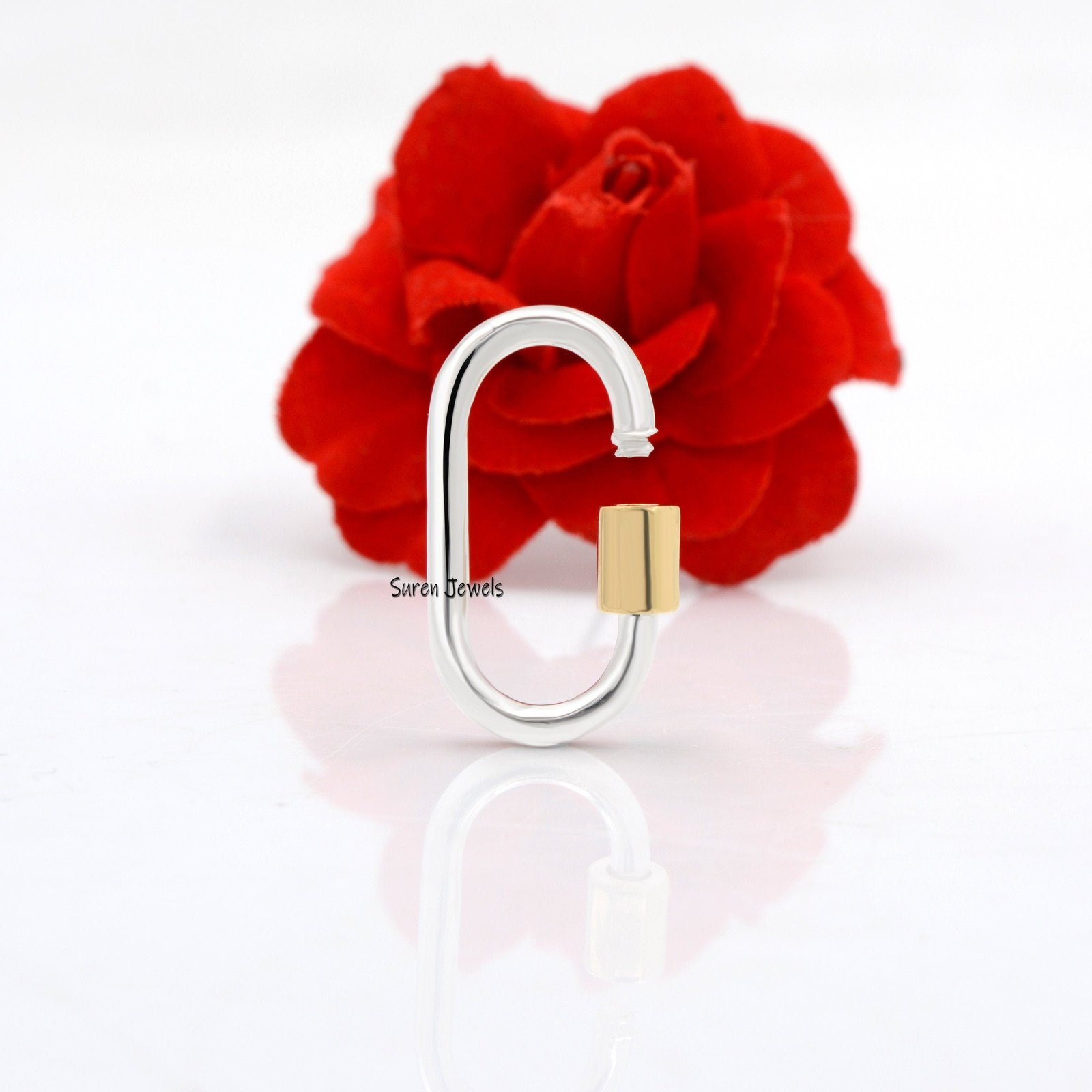 Sterling Silver Carabiner Lock: Yellow Gold Plated Screw, Jewelry Connector - Suren Jewels | SKU: SJC130-SLRGRH-925-16M Sterling Silver Carabiner Lock: Yellow Gold Plated Screw, Jewelry Connector - Suren Jewels | SKU: SJC130-SLRGRH-925-16M