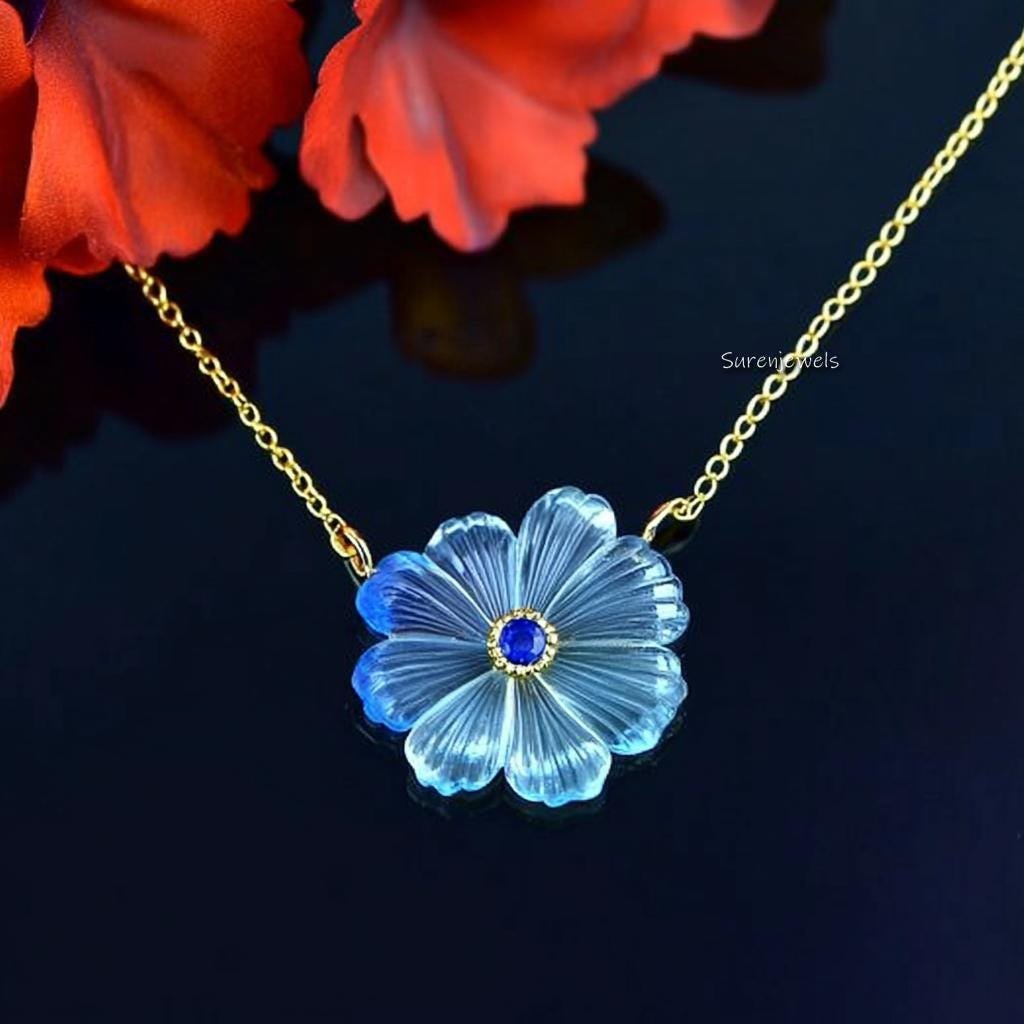Sterling Silver Carved Gemstone Flower Pendant Necklace - Suren Jewels | SKU: Custom Property Sterling Silver Carved Gemstone Flower Pendant Necklace - Suren Jewels | SKU: Custom Property