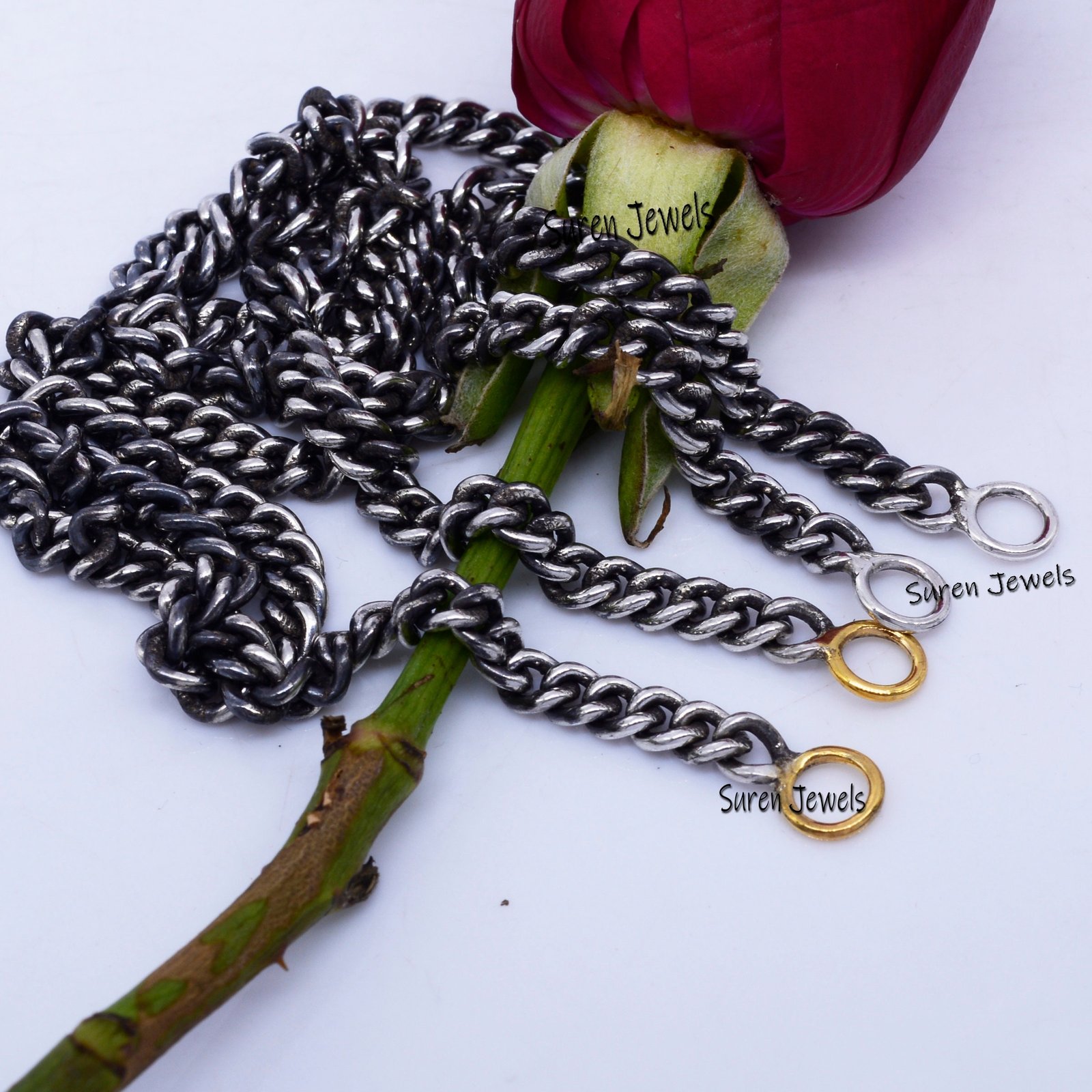 Sterling Silver Curb Chain Necklace: 14K Gold Jump Ring, 5mm Carabiner Lock - Suren Jewels | SKU: G17-SLOXYG-26I Sterling Silver Curb Chain Necklace: 14K Gold Jump Ring, 5mm Carabiner Lock - Suren Jewels | SKU: G17-SLOXYG-26I