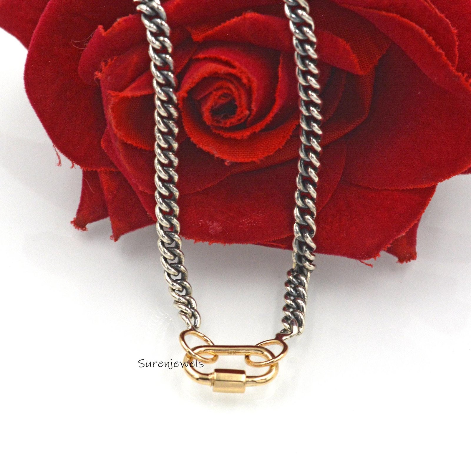 Sterling Silver Curb Chain Necklace: Two-Tone Carabiner Clasp, 18 Inch - Suren Jewels | SKU: SJC130/G17 Sterling Silver Curb Chain Necklace: Two-Tone Carabiner Clasp, 18 Inch - Suren Jewels | SKU: SJC130/G17