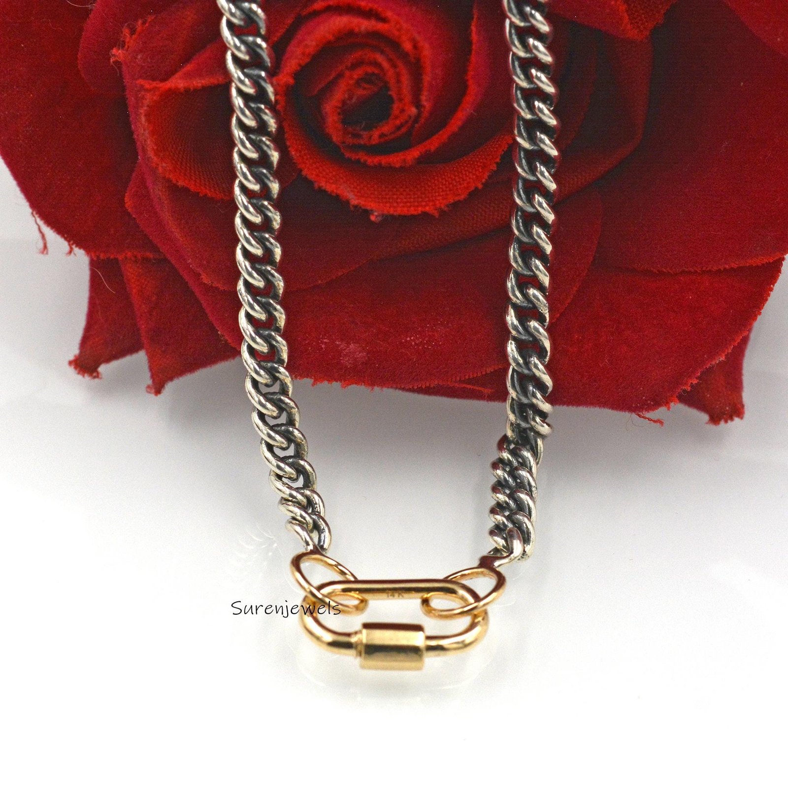 Sterling Silver Curb Chain Necklace: Two-Tone Carabiner Clasp, 18 Inch - View 2 - Suren Jewels | SKU: SJC130/G17 Sterling Silver Curb Chain Necklace: Two-Tone Carabiner Clasp, 18 Inch - View 2 - Suren Jewels | SKU: SJC130/G17
