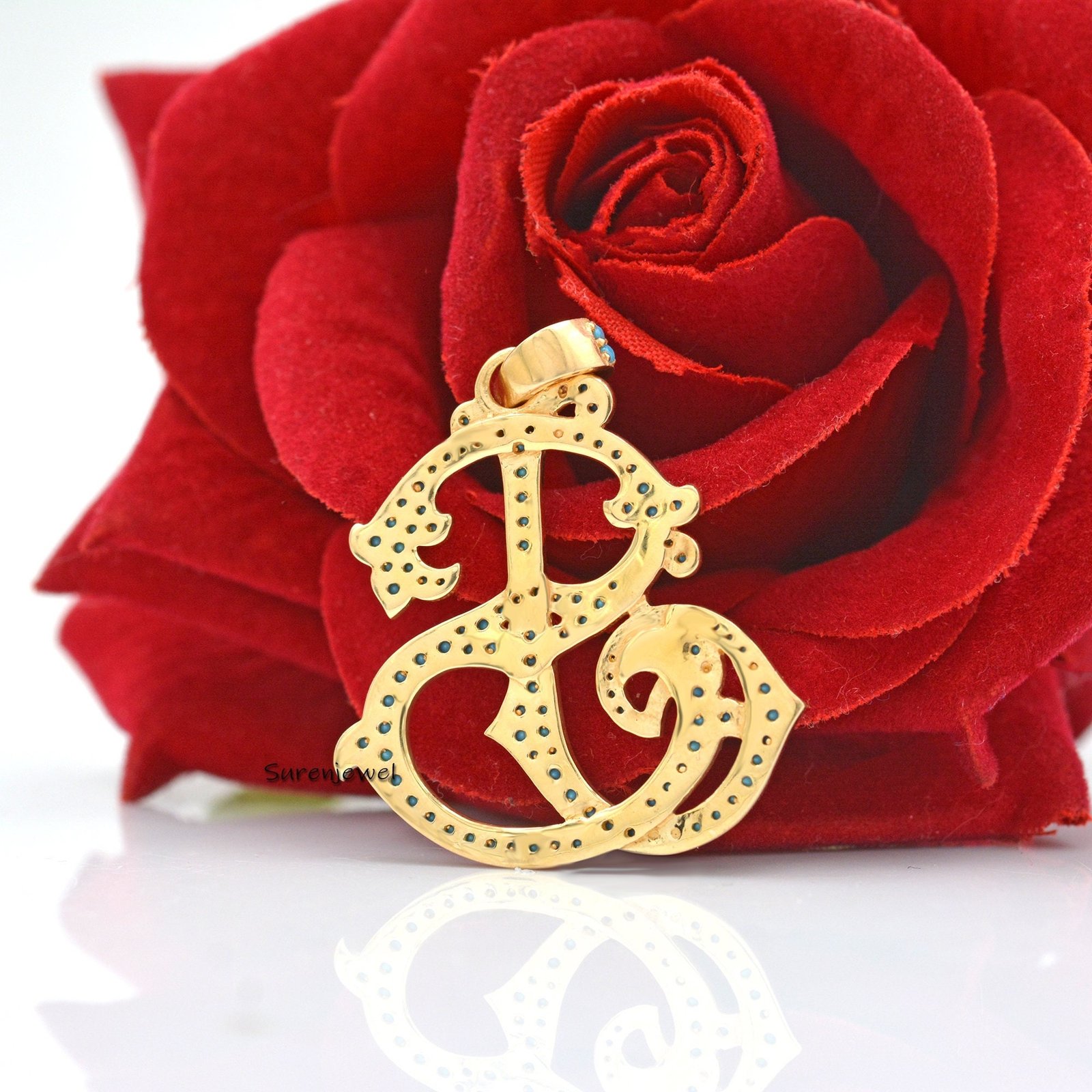 Sterling Silver Custom Monogram Pendant: CZ Initial Charm - View 2 - Suren Jewels | SKU: SJP540-SLYGDI-SJ Sterling Silver Custom Monogram Pendant: CZ Initial Charm - View 2 - Suren Jewels | SKU: SJP540-SLYGDI-SJ