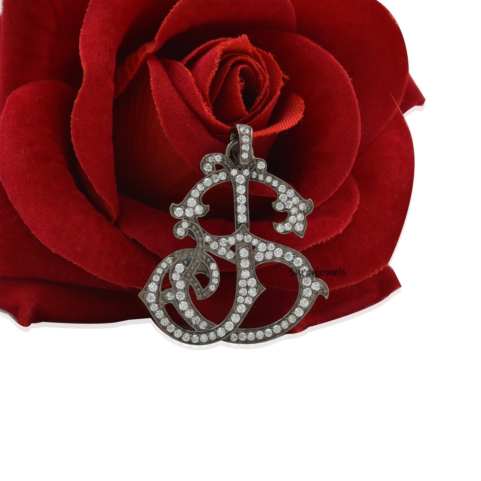 Sterling Silver Custom Monogram Pendant: CZ Initial Charm - View 3 - Suren Jewels | SKU: SJP540-SLYGDI-SJ Sterling Silver Custom Monogram Pendant: CZ Initial Charm - View 3 - Suren Jewels | SKU: SJP540-SLYGDI-SJ