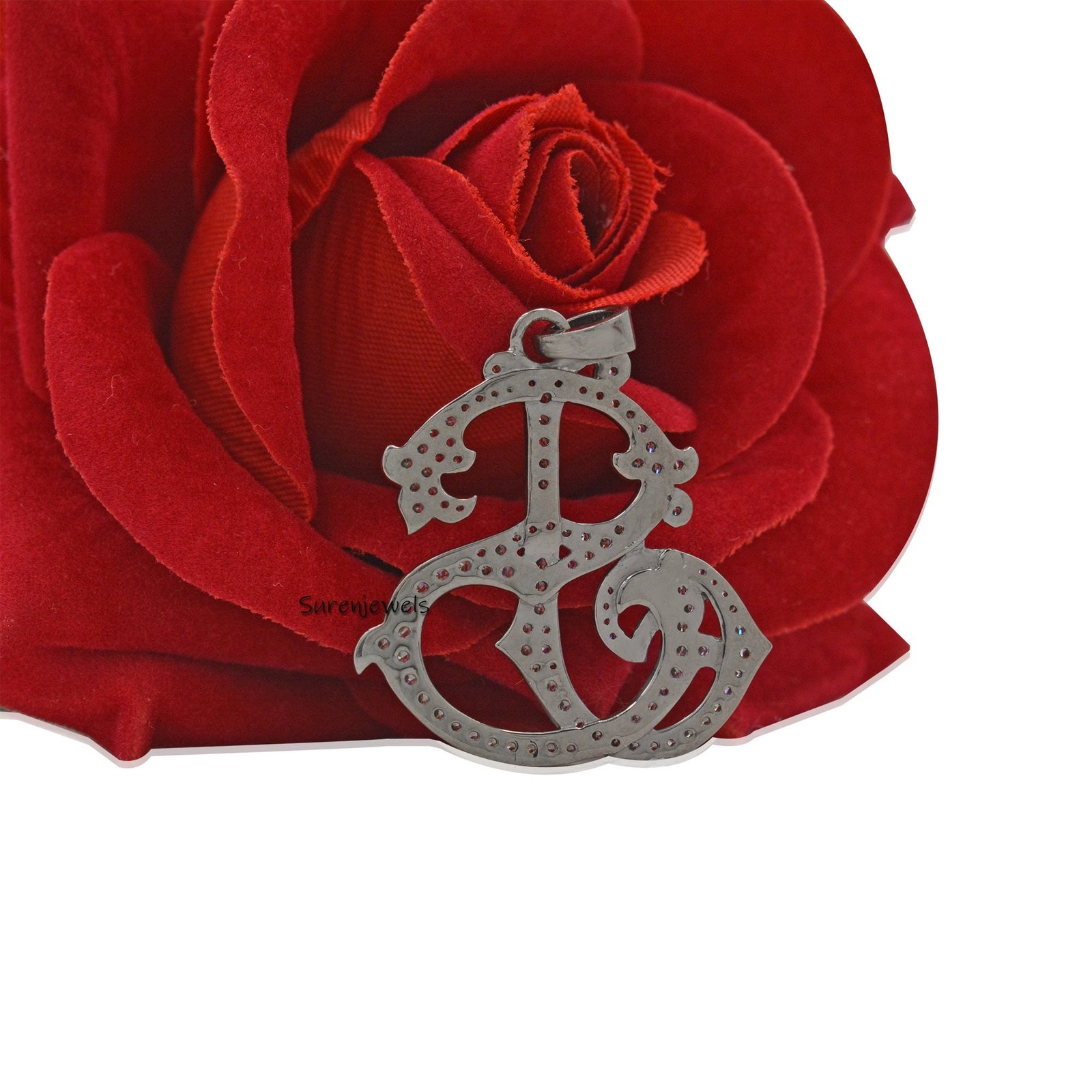 Sterling Silver Custom Monogram Pendant: CZ Initial Charm - View 4 - Suren Jewels | SKU: SJP540-SLYGDI-SJ Sterling Silver Custom Monogram Pendant: CZ Initial Charm - View 4 - Suren Jewels | SKU: SJP540-SLYGDI-SJ