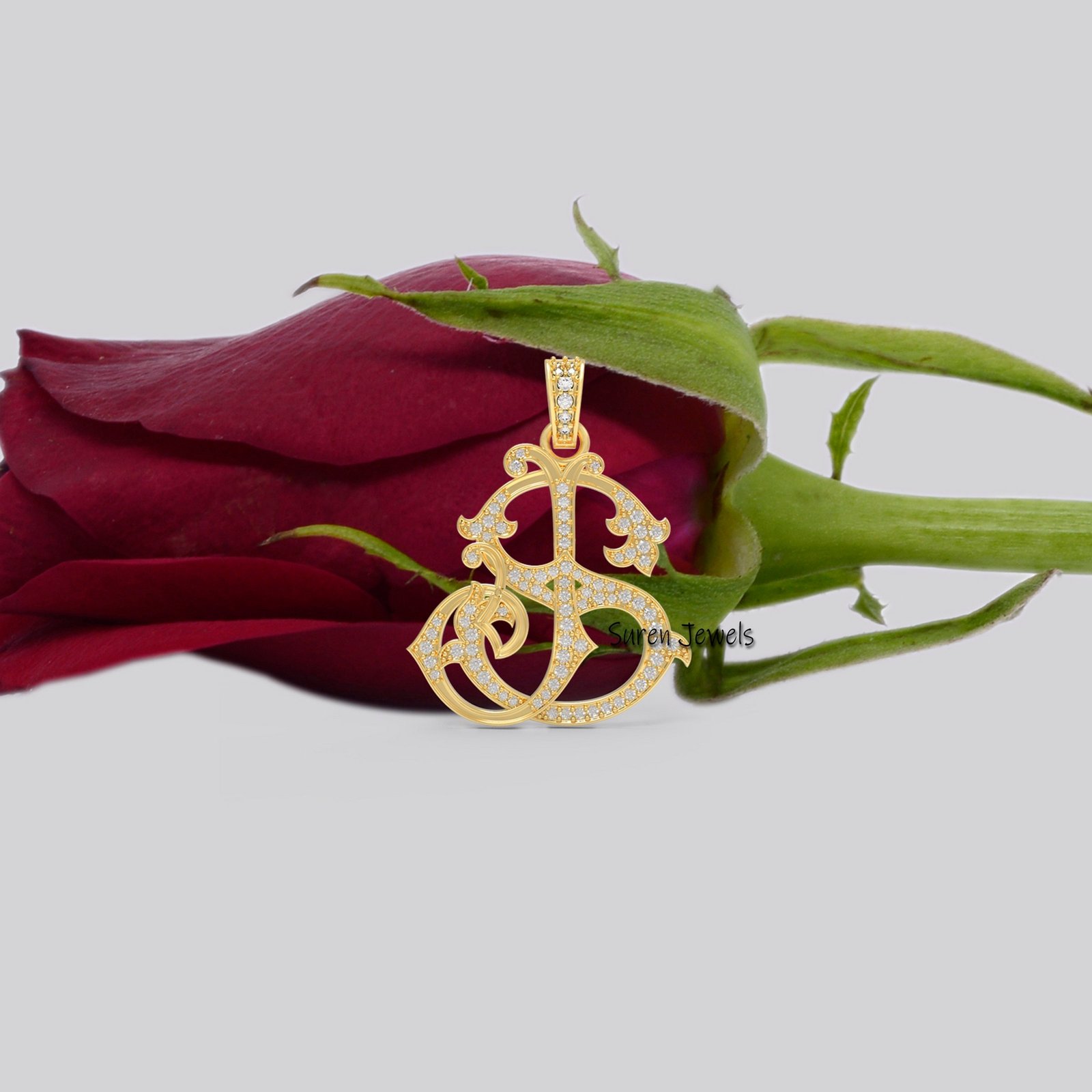 Sterling Silver Custom Monogram Pendant: CZ Initial Charm - View 5 - Suren Jewels | SKU: SJP540-SLYGDI-SJ Sterling Silver Custom Monogram Pendant: CZ Initial Charm - View 5 - Suren Jewels | SKU: SJP540-SLYGDI-SJ