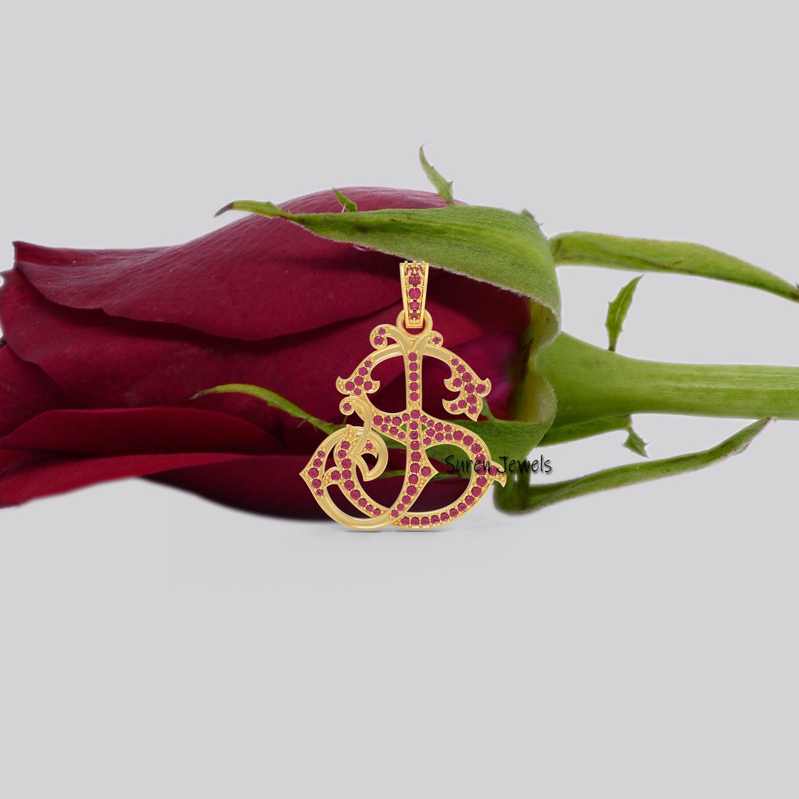 Sterling Silver Custom Monogram Pendant: CZ Initial Charm - View 6 - Suren Jewels | SKU: SJP540-SLYGDI-SJ Sterling Silver Custom Monogram Pendant: CZ Initial Charm - View 6 - Suren Jewels | SKU: SJP540-SLYGDI-SJ