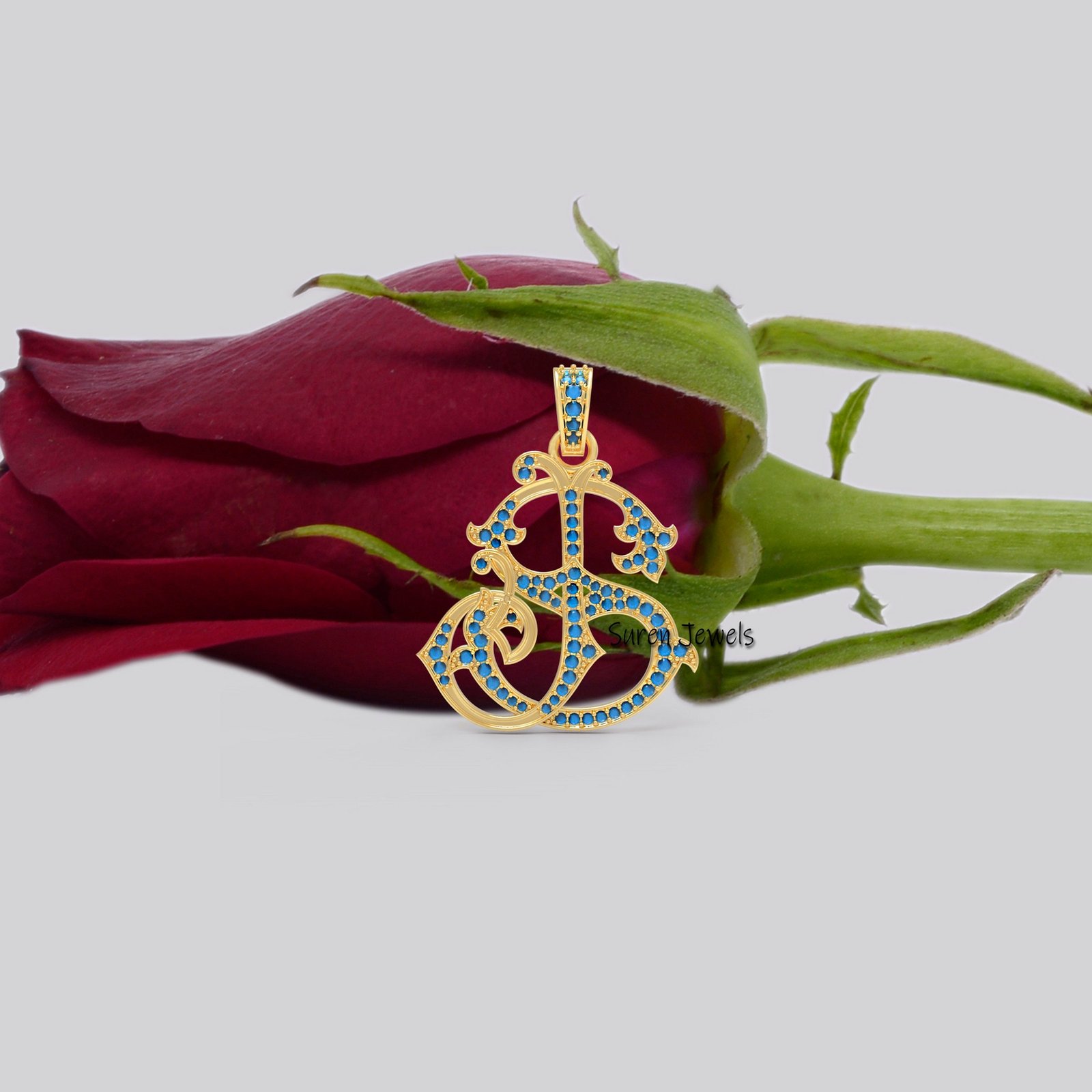 Sterling Silver Custom Monogram Pendant: CZ Initial Charm - View 7 - Suren Jewels | SKU: SJP540-SLYGDI-SJ Sterling Silver Custom Monogram Pendant: CZ Initial Charm - View 7 - Suren Jewels | SKU: SJP540-SLYGDI-SJ