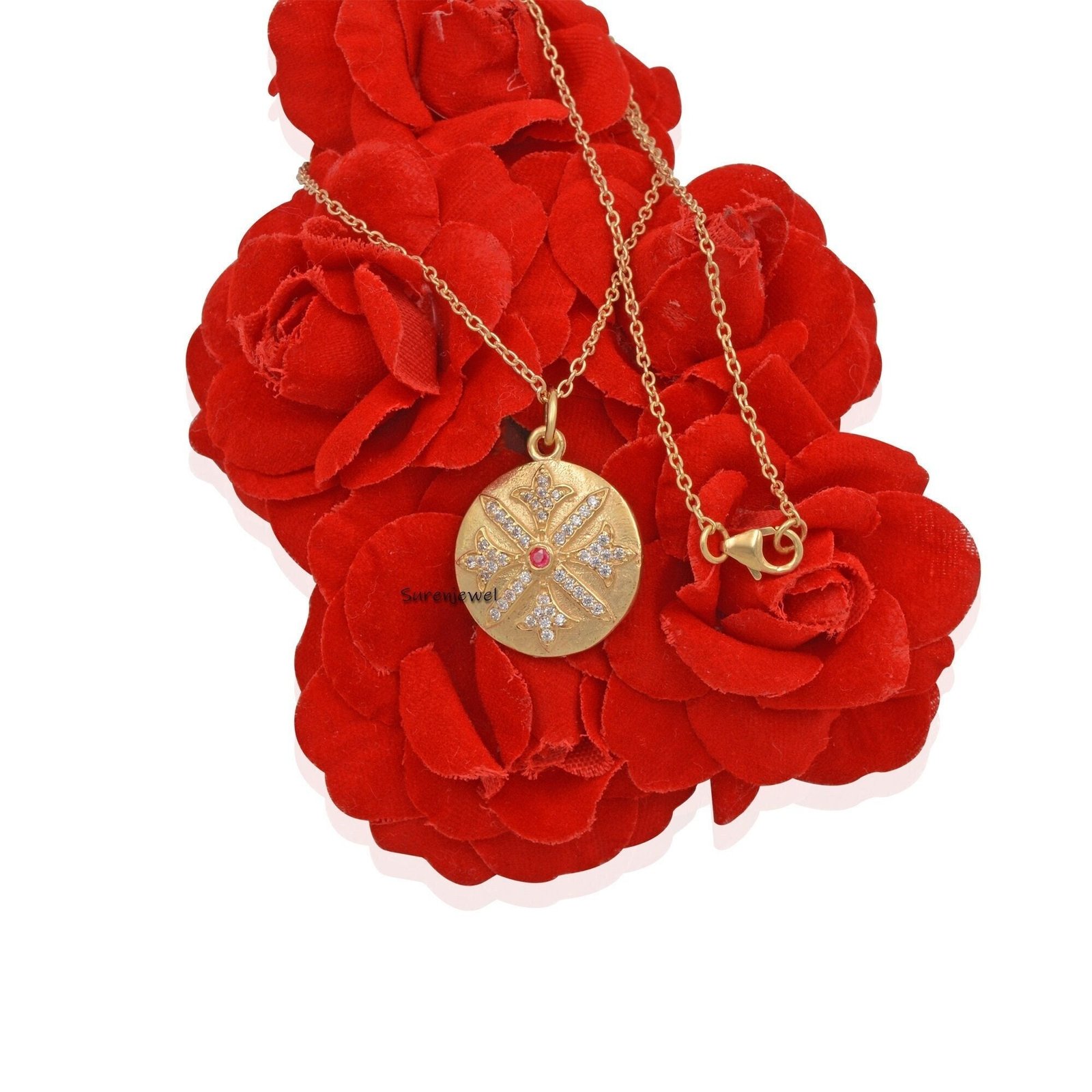 Sterling Silver Disc Pendant: Cubic Zircon Multi Stone Charm, 18 Inch Chain - View 2 - Suren Jewels | SKU: SJP429-SLYGCZP-N41 Sterling Silver Disc Pendant: Cubic Zircon Multi Stone Charm, 18 Inch Chain - View 2 - Suren Jewels | SKU: SJP429-SLYGCZP-N41