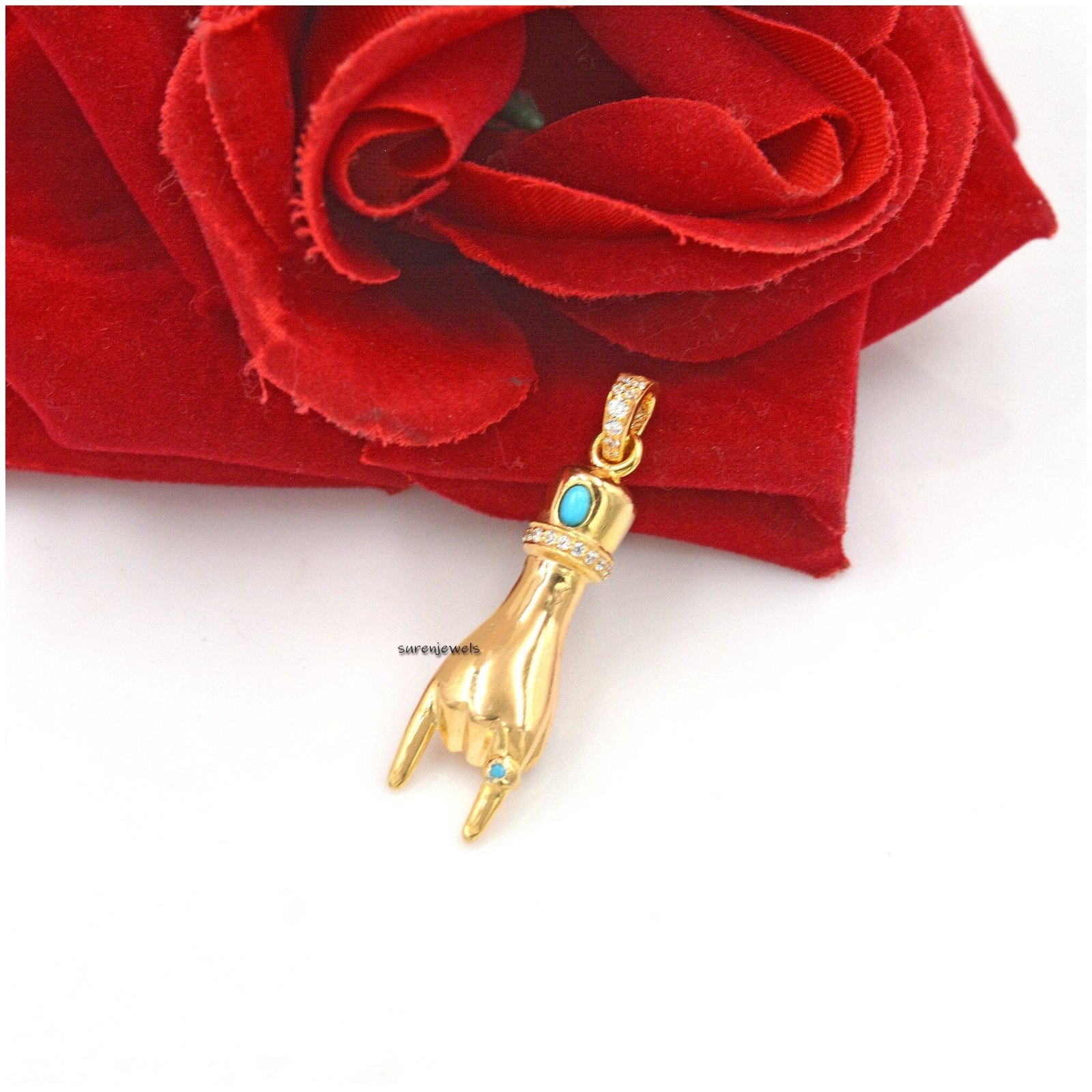 Sterling Silver Figa Hand Pendant: Black Onyx & Turquoise Gemstone - Suren Jewels | SKU: SJP17-SLYGCZBS Sterling Silver Figa Hand Pendant: Black Onyx & Turquoise Gemstone - Suren Jewels | SKU: SJP17-SLYGCZBS