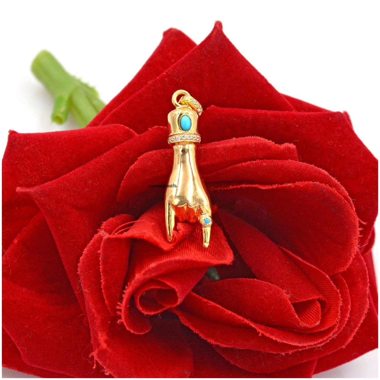 Sterling Silver Figa Hand Pendant: Black Onyx & Turquoise Gemstone - View 2 - Suren Jewels | SKU: SJP17-SLYGCZBS Sterling Silver Figa Hand Pendant: Black Onyx & Turquoise Gemstone - View 2 - Suren Jewels | SKU: SJP17-SLYGCZBS