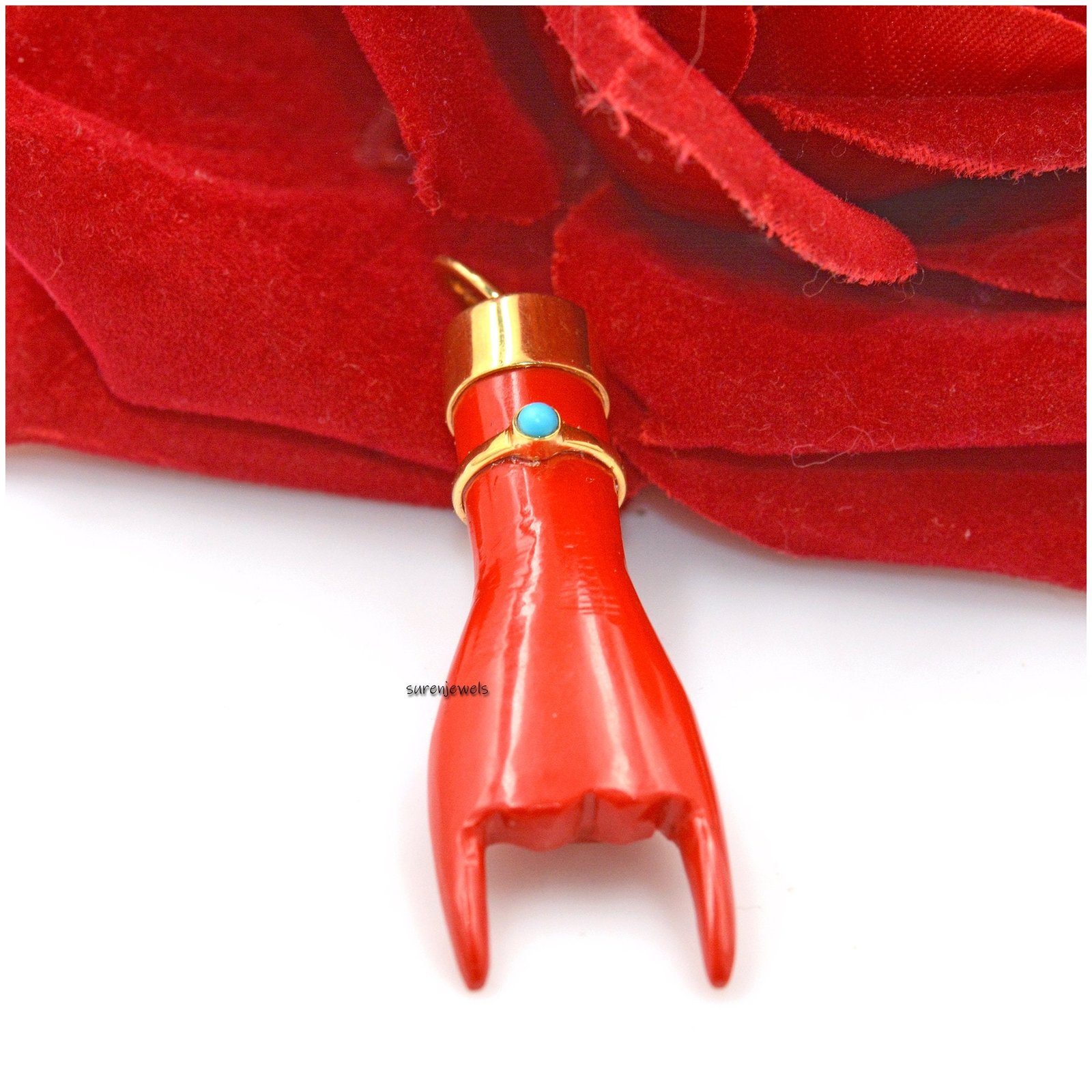 Sterling Silver Figa Hand Pendant: Coral & Turquoise Gemstone Charm - View 2 - Suren Jewels | SKU: SJP1049-SLNSMSTQ Sterling Silver Figa Hand Pendant: Coral & Turquoise Gemstone Charm - View 2 - Suren Jewels | SKU: SJP1049-SLNSMSTQ