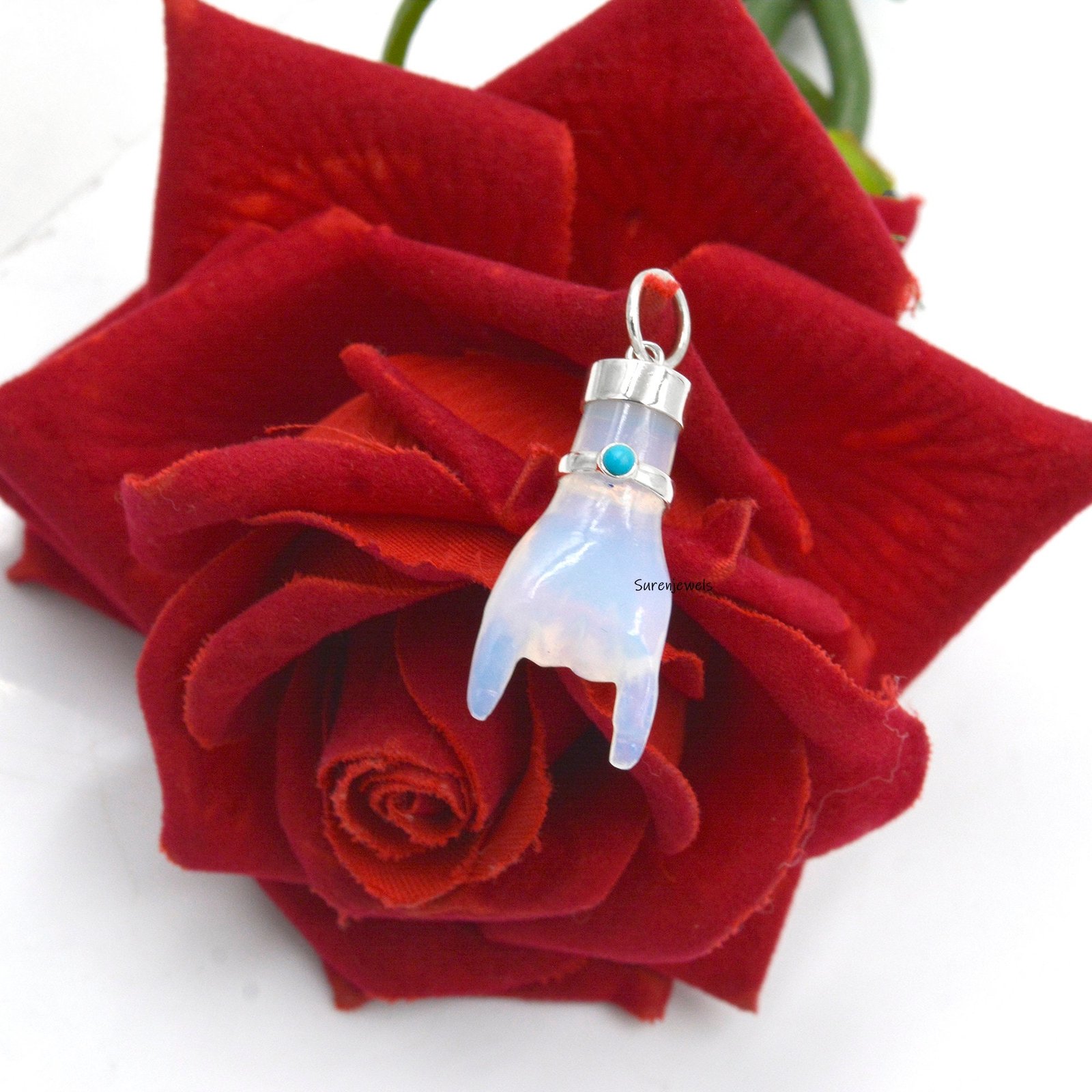 Sterling Silver Figa Hand Pendant: Coral & Turquoise Gemstone Charm - View 5 - Suren Jewels | SKU: SJP1049-SLNSMSTQ Sterling Silver Figa Hand Pendant: Coral & Turquoise Gemstone Charm - View 5 - Suren Jewels | SKU: SJP1049-SLNSMSTQ