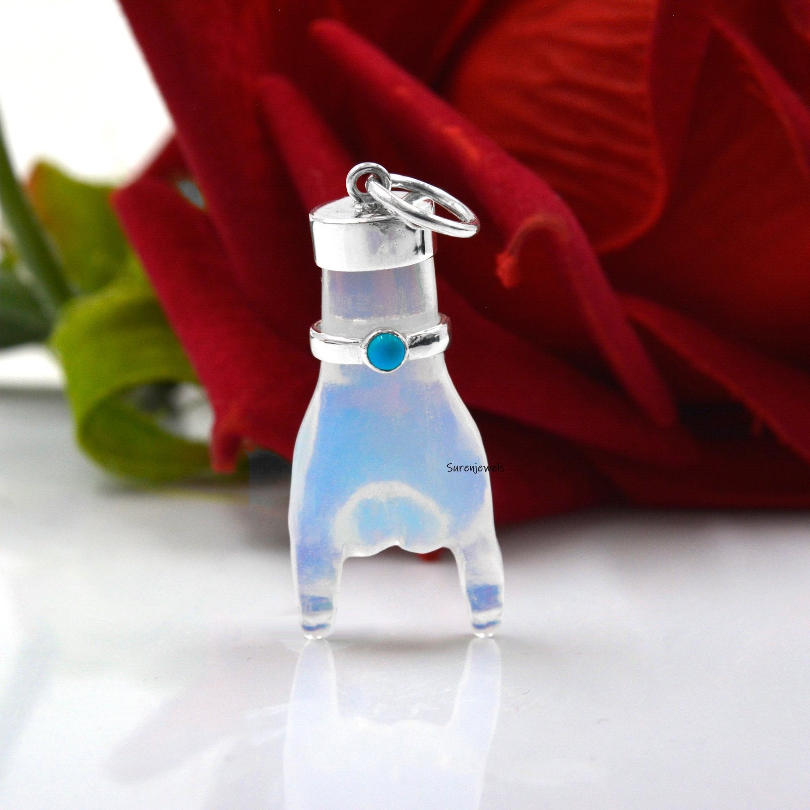 Sterling Silver Figa Hand Pendant: Coral & Turquoise Gemstone Charm - View 6 - Suren Jewels | SKU: SJP1049-SLNSMSTQ Sterling Silver Figa Hand Pendant: Coral & Turquoise Gemstone Charm - View 6 - Suren Jewels | SKU: SJP1049-SLNSMSTQ