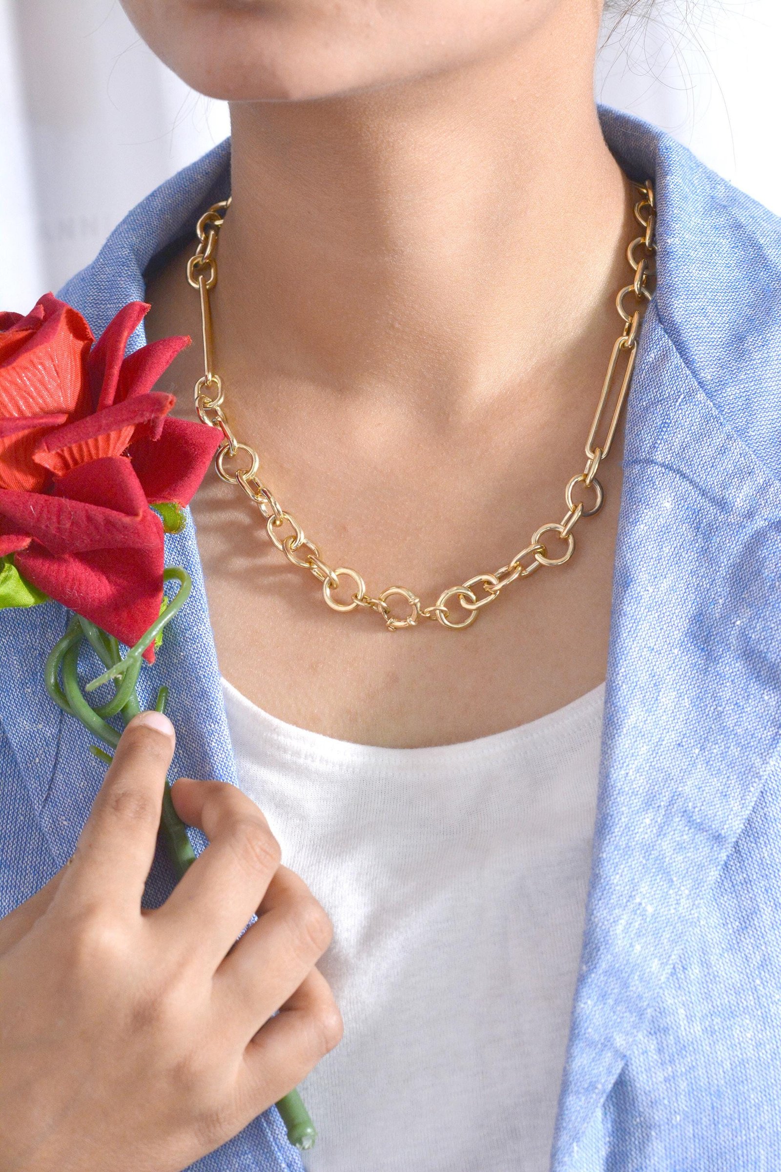 Sterling Silver Mixed Link Chain Enhancer Necklace: Handmade Charm Holder - View 3 - Suren Jewels | SKU: g38 Sterling Silver Mixed Link Chain Enhancer Necklace: Handmade Charm Holder - View 3 - Suren Jewels | SKU: g38
