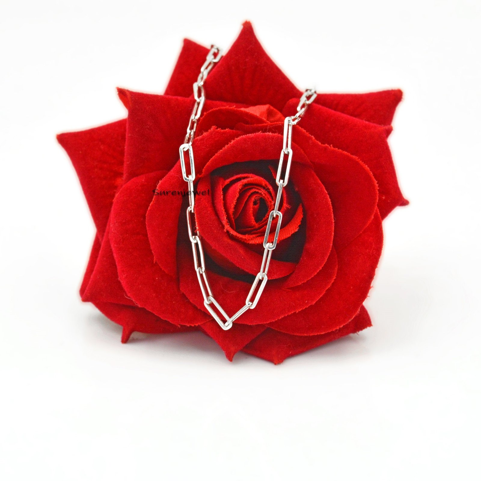 Sterling Silver Paper Clip Chain: Rectangle Cable Link Necklace - View 2 - Suren Jewels | SKU: SJN252/G1-SLYG-10M-16I-F202 Sterling Silver Paper Clip Chain: Rectangle Cable Link Necklace - View 2 - Suren Jewels | SKU: SJN252/G1-SLYG-10M-16I-F202