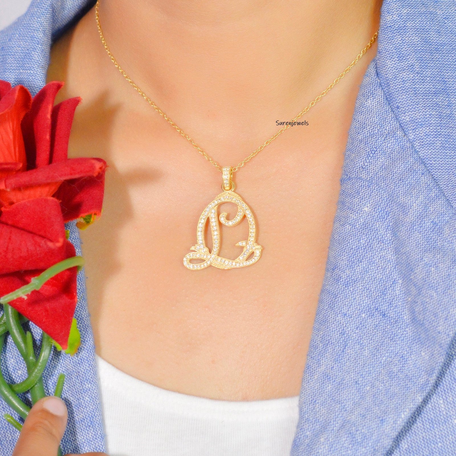 Sterling Silver Pave Diamond Monogram Pendant - Custom Alphabet Jewelry - Suren Jewels | SKU: SJP540-SLYGDI-MO-N41-18I Sterling Silver Pave Diamond Monogram Pendant - Custom Alphabet Jewelry - Suren Jewels | SKU: SJP540-SLYGDI-MO-N41-18I