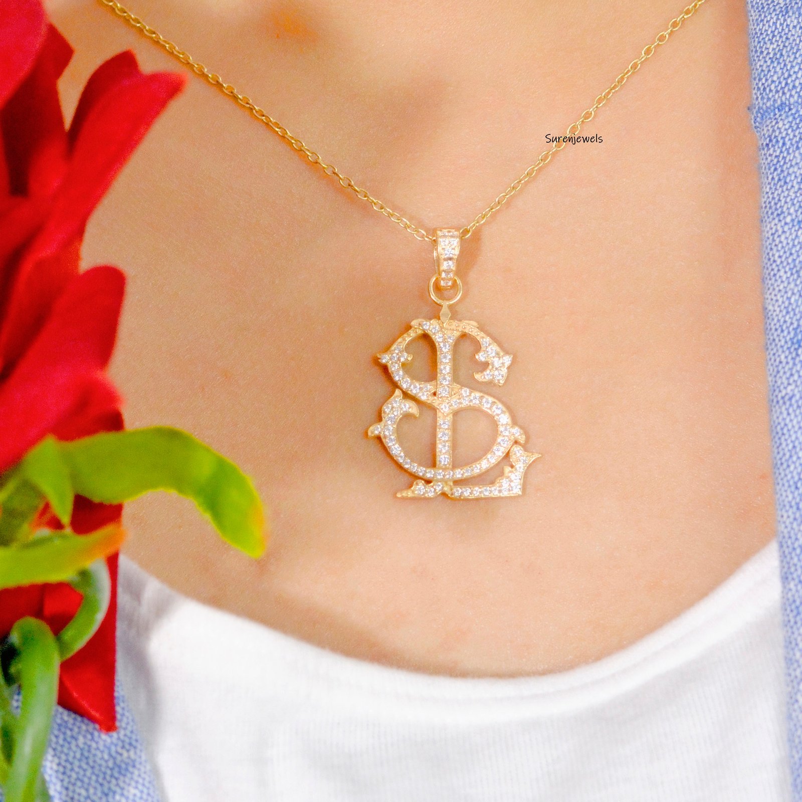 Sterling Silver Pave Diamond Monogram Pendant - Custom Alphabet Jewelry - View 4 - Suren Jewels | SKU: SJP540-SLYGDI-MO-N41-1 Sterling Silver Pave Diamond Monogram Pendant - Custom Alphabet Jewelry - View 4 - Suren Jewels | SKU: SJP540-SLYGDI-MO-N41-1