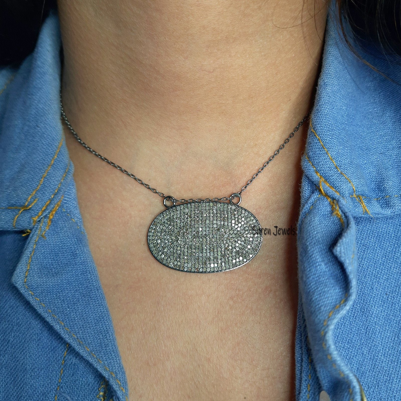 Sterling Silver Pave Diamond Oval Pendant (40x25 MM) - View 2 - Suren Jewels | SKU: SJP560-SLYGDI-G19-SLYG-18I Sterling Silver Pave Diamond Oval Pendant (40x25 MM) - View 2 - Suren Jewels | SKU: SJP560-SLYGDI-G19-SLYG-18I