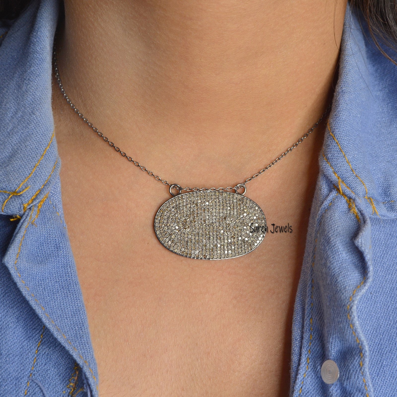 Sterling Silver Pave Diamond Oval Pendant (40x25 MM) - View 3 - Suren Jewels | SKU: SJP560-SLYGDI-G19-SLYG-18I Sterling Silver Pave Diamond Oval Pendant (40x25 MM) - View 3 - Suren Jewels | SKU: SJP560-SLYGDI-G19-SLYG-18I