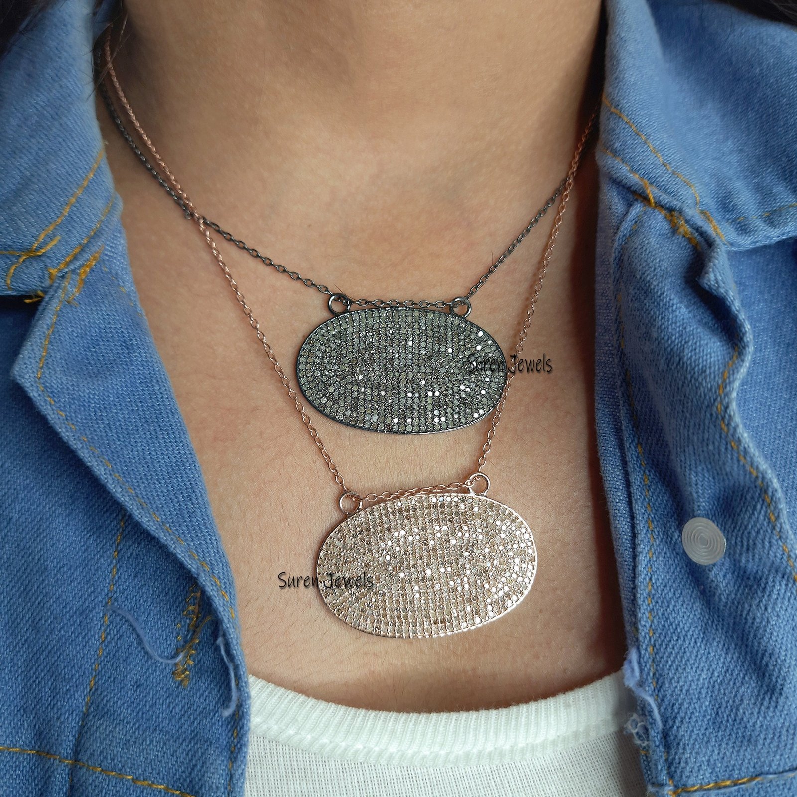 Sterling Silver Pave Diamond Oval Pendant (40x25 MM) - View 4 - Suren Jewels | SKU: SJP560-SLYGDI-G19-SLYG-18I Sterling Silver Pave Diamond Oval Pendant (40x25 MM) - View 4 - Suren Jewels | SKU: SJP560-SLYGDI-G19-SLYG-18I