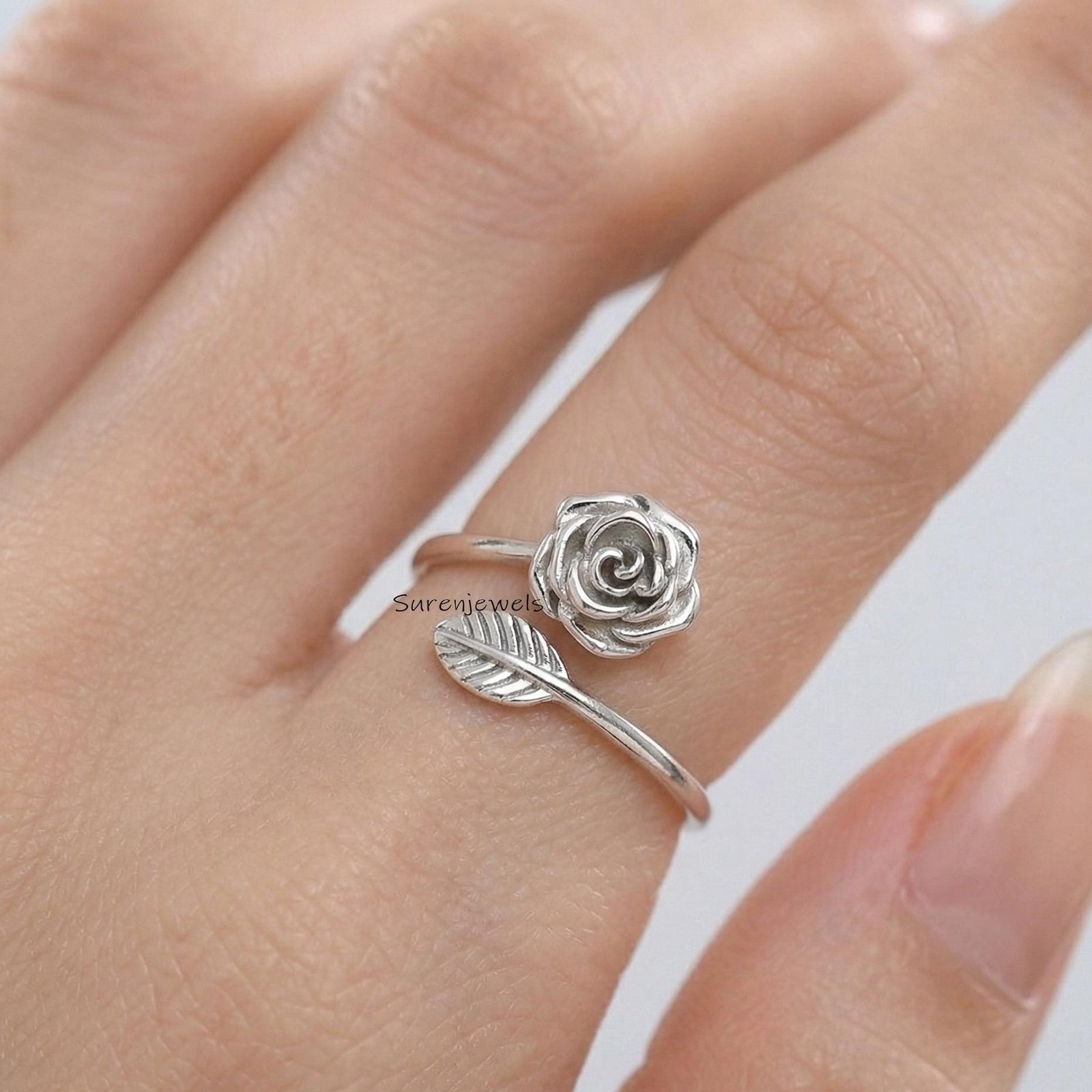 Sterling Silver Rose Ring | Adjustable Rose and Leaf Bypass Ring | Floral Flower Ring for Women | Dainty Promise Ring | Gift Sterling Silver Rose Ring | Adjustable Rose and Leaf Bypass Ring | Floral Flower Ring for Women | Dainty Promise Ring | Gift