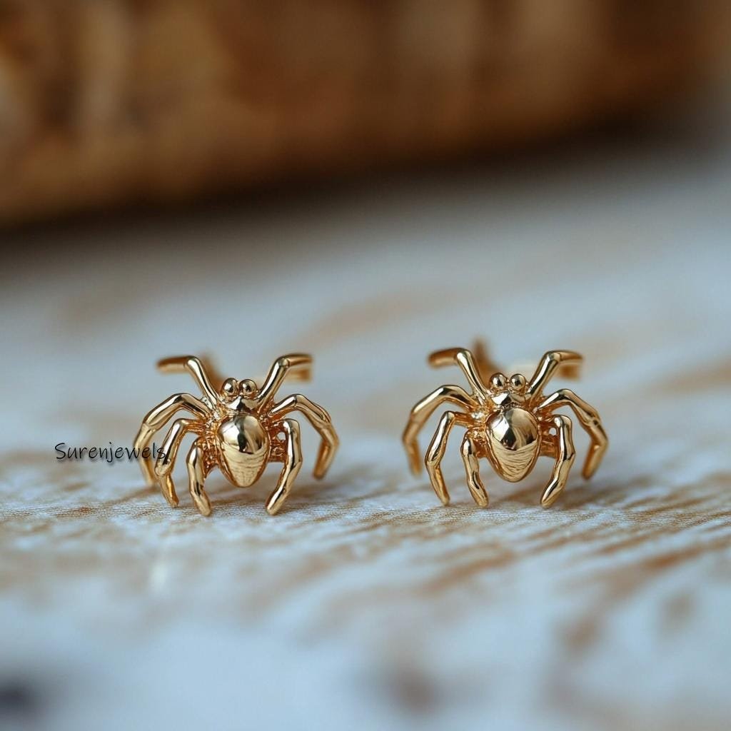 Tiny Spider Stud Earrings: 14k Gold or Sterling Silver, 10mm - View 2 - Suren Jewels | SKU: SJE1957-SLYG-10M Tiny Spider Stud Earrings: 14k Gold or Sterling Silver, 10mm - View 2 - Suren Jewels | SKU: SJE1957-SLYG-10M